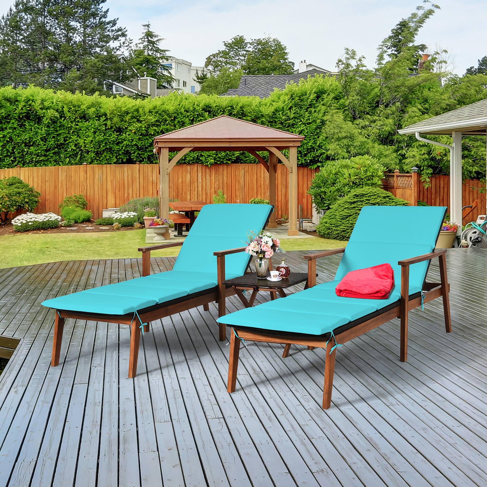 Alt View 2. Costway - Costway 3PCS Patio Rattan Lounge Chair Folding Table Set Chaise Wood Cushioned - Turquoise.