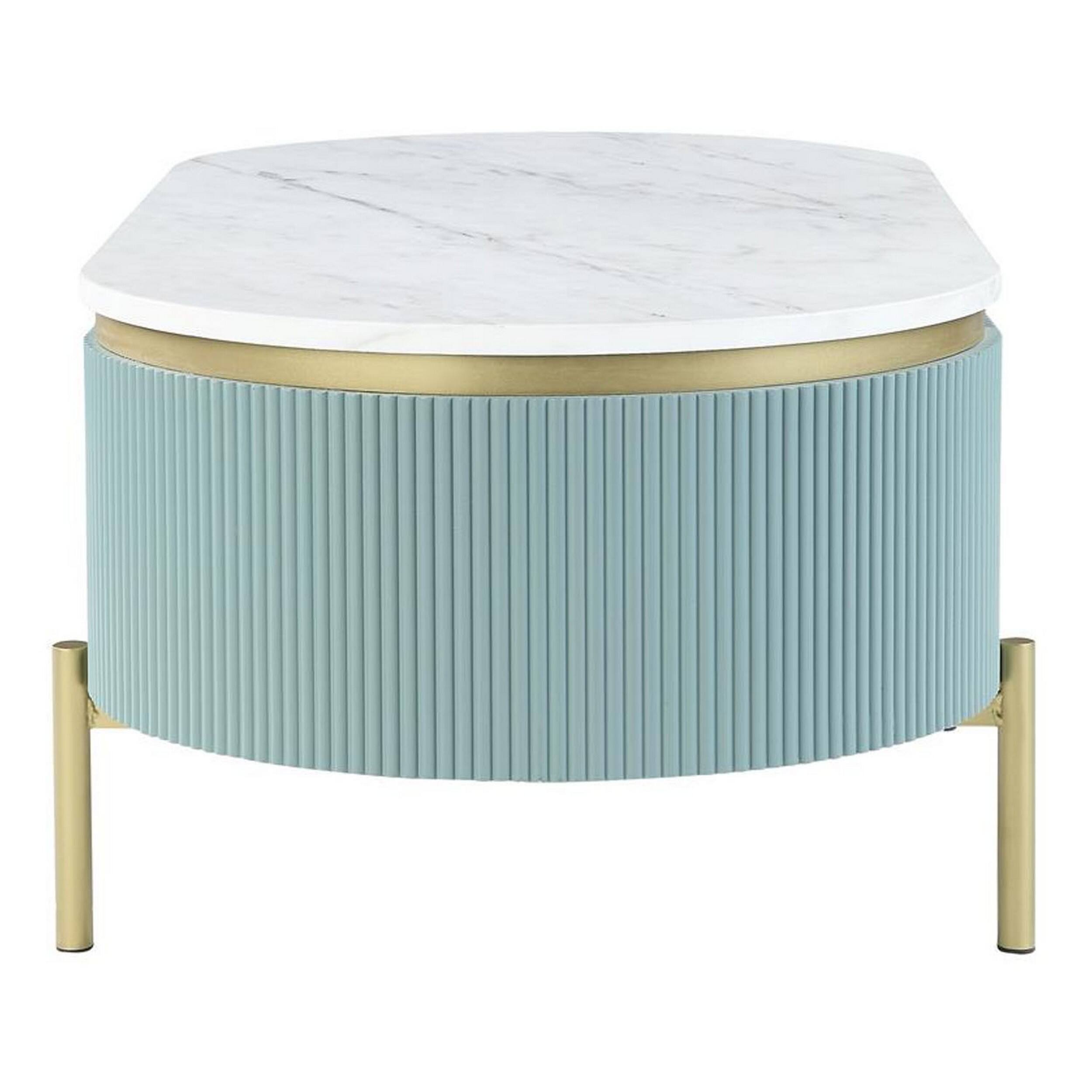 Alt View 3. Manhattan Lane - Ville 48 Inch Oblong Coffee Table, White Faux Marble Top, Teal Reeded Edges - White, Teal, Gold.