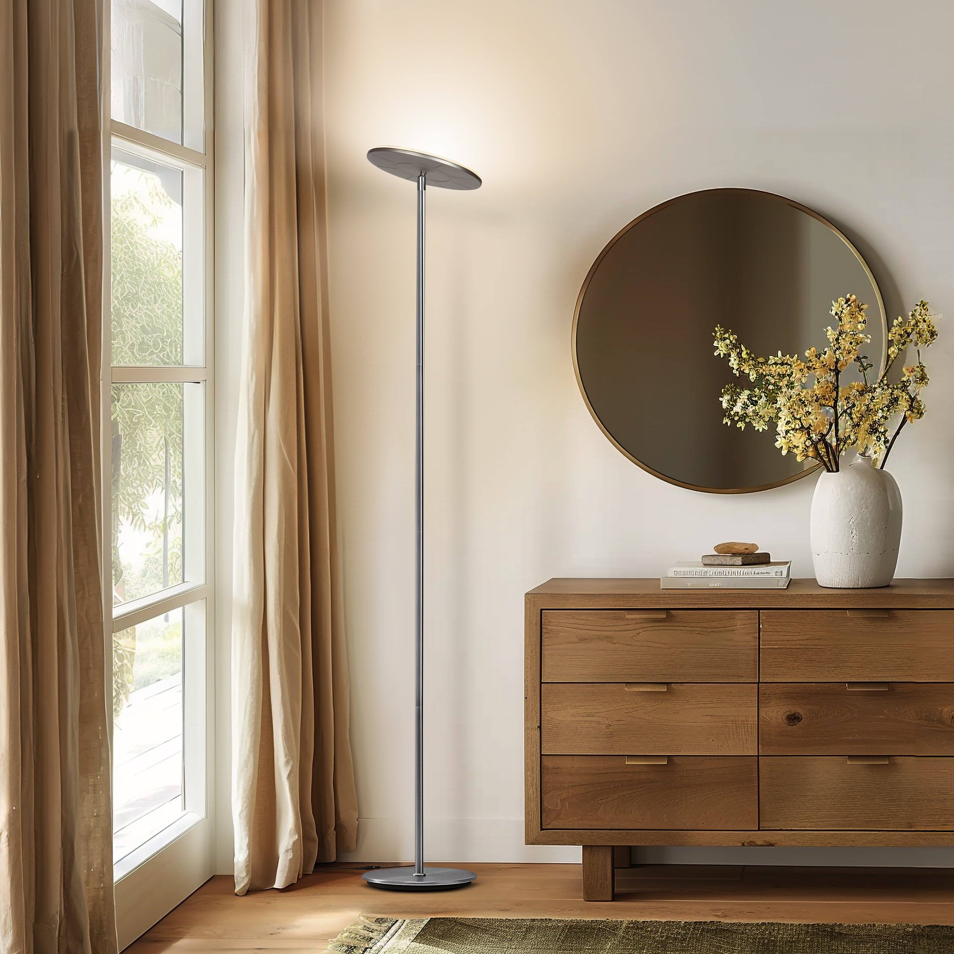 Alt View 2. Brightech - Sky Flux LED Modern Industrial Torchère Dimmable Super Bright Floor Lamp with Built-in Adjustable Head Tilt - Brushed Satin Nickel.