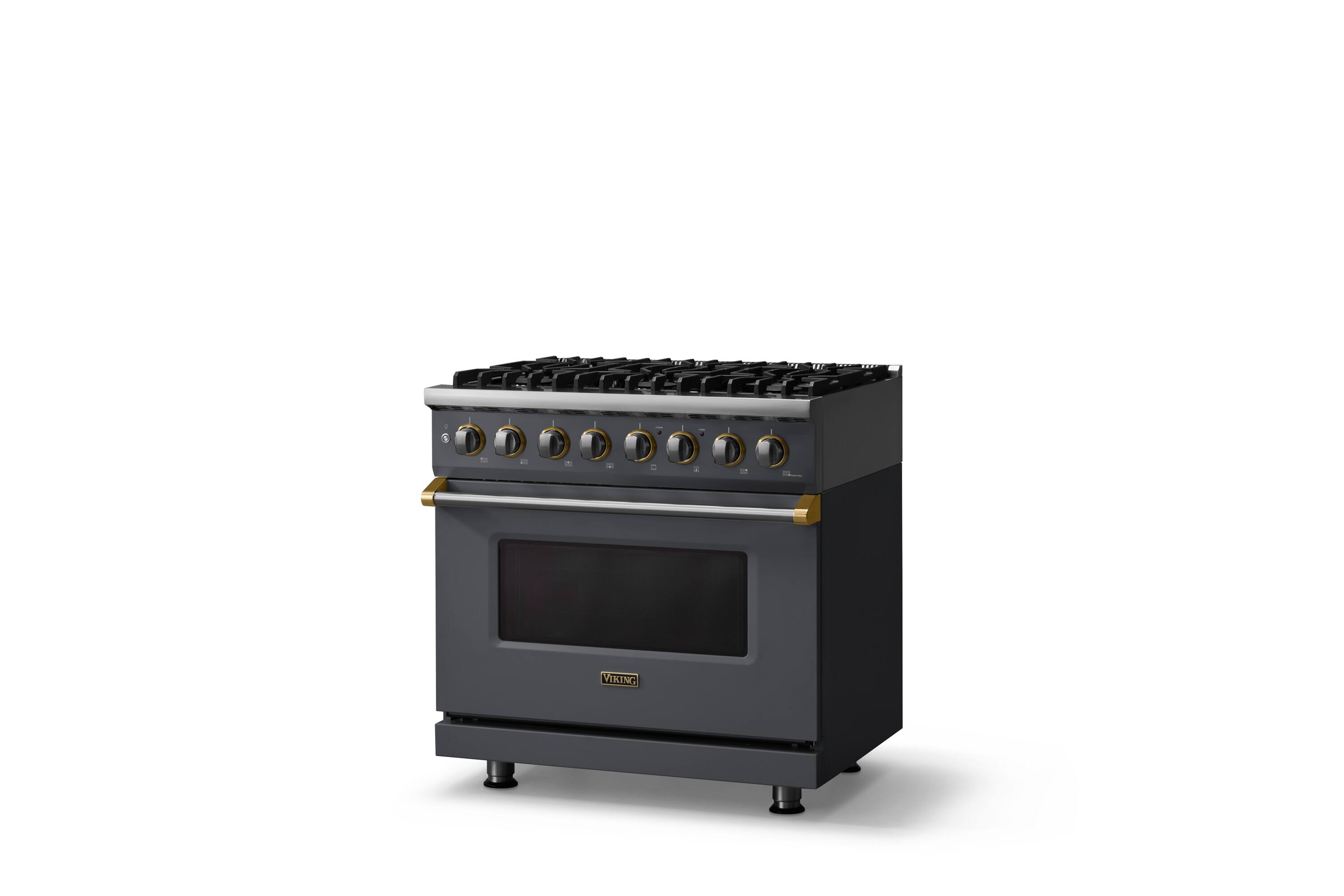 Angle. Viking - 36 in. Wide 6 Burner Pro 5 Series 5.6 Cu. Ft. Freestanding Sealed DF Convection Range - Cast Black w. Brushed Brass Trim - Cast Black.
