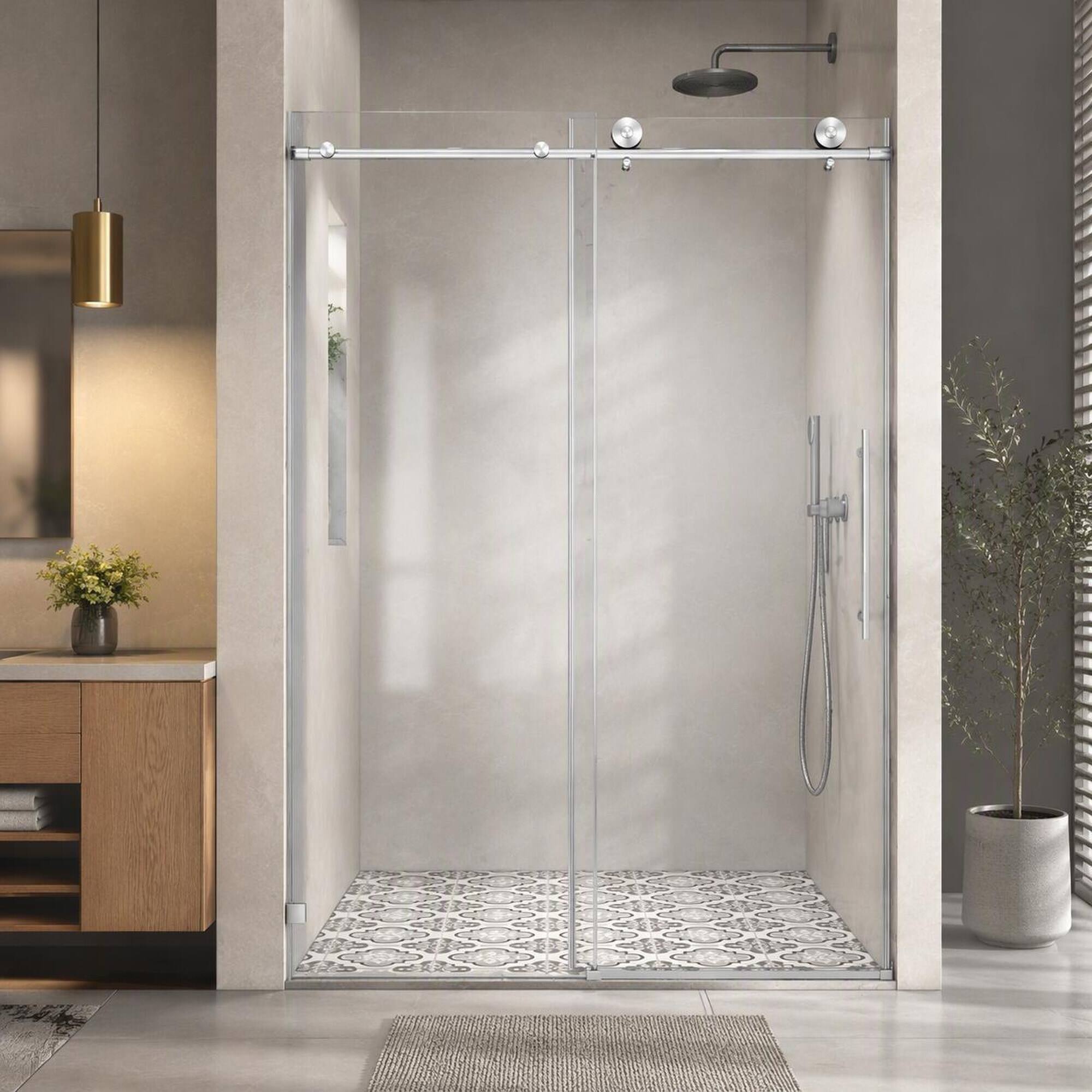Front. RYHNUYNE - Brushed Frameless Shower Door With 70mm Steel Pulleys, Soft Close And Nano Easy Clean - Brushed Nickel.