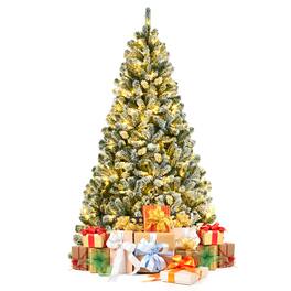 Gymax - 6 FT Pre-lit Artificial Christmas Tree Snow Flocked Full Xmas Tree - Green