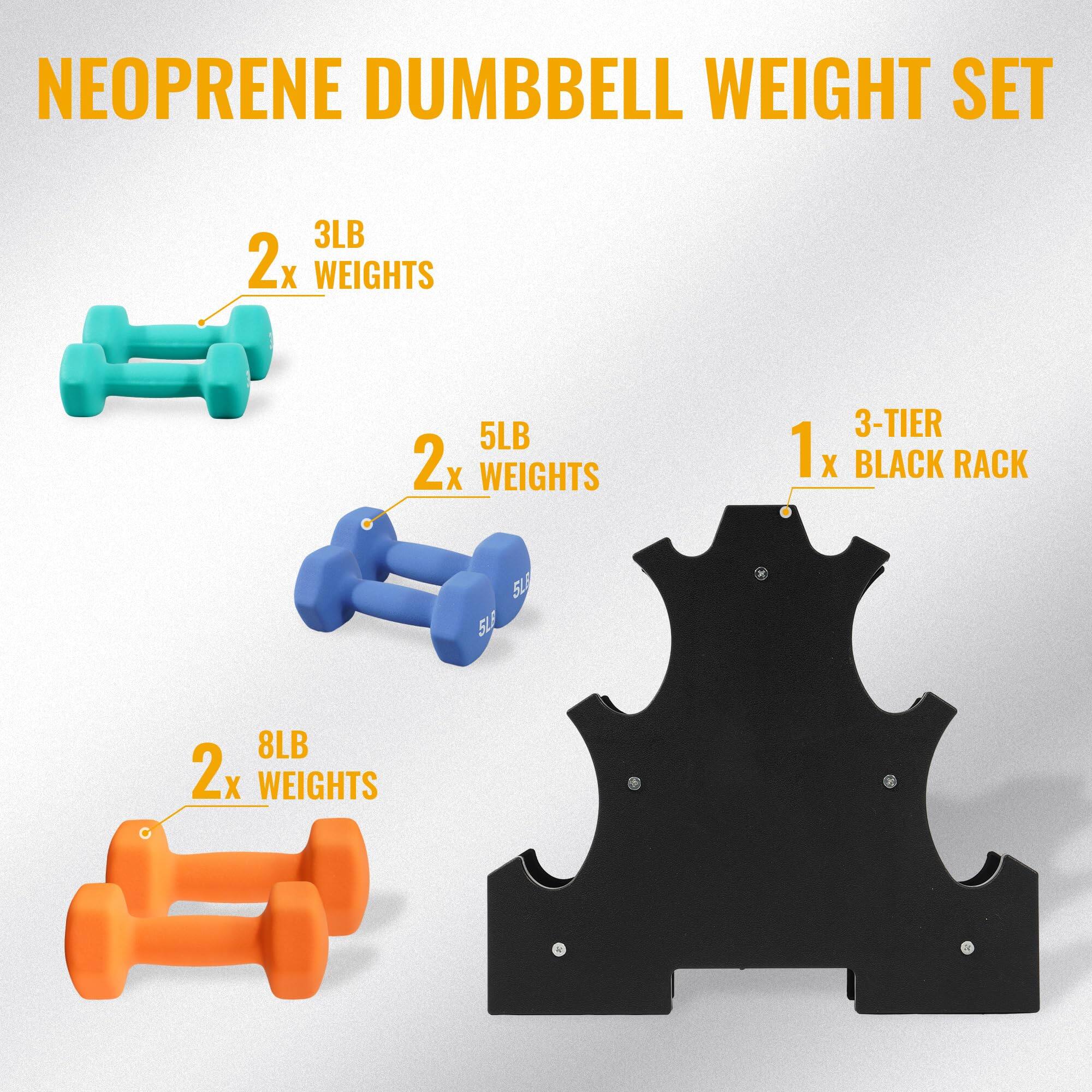 NEOPRENE DUMBBELL WEIGHT SET

- 2 x 3LB WEIGHTS
- 2 x 5LB WEIGHTS
- 2 x 8LB WEIGHTS
- 1 x 3-TIER BLACK RACK