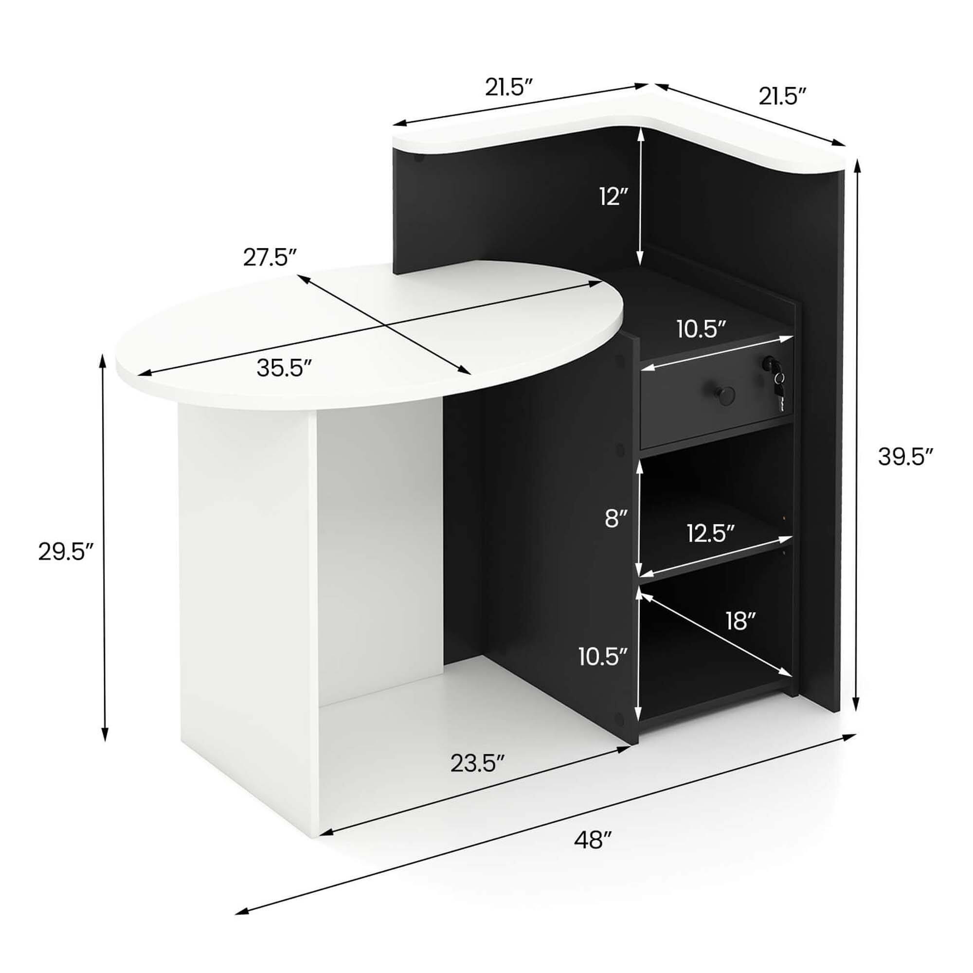 - 21.5" (top width)
- 21.5" (top width)
- 12" (height of the top section)
- 27.5" (depth of the top section)
- 35.5" (width of the base)
- 10.5" (height of the drawer)
- 39.5" (height of the unit)
- 29.5" (height of the base)
- 8" (height of the shelf)
- 12.5" (depth of the shelf)
- 10.5" (depth of the drawer)
- 18" (depth of the shelf)
- 48" (length of the unit)