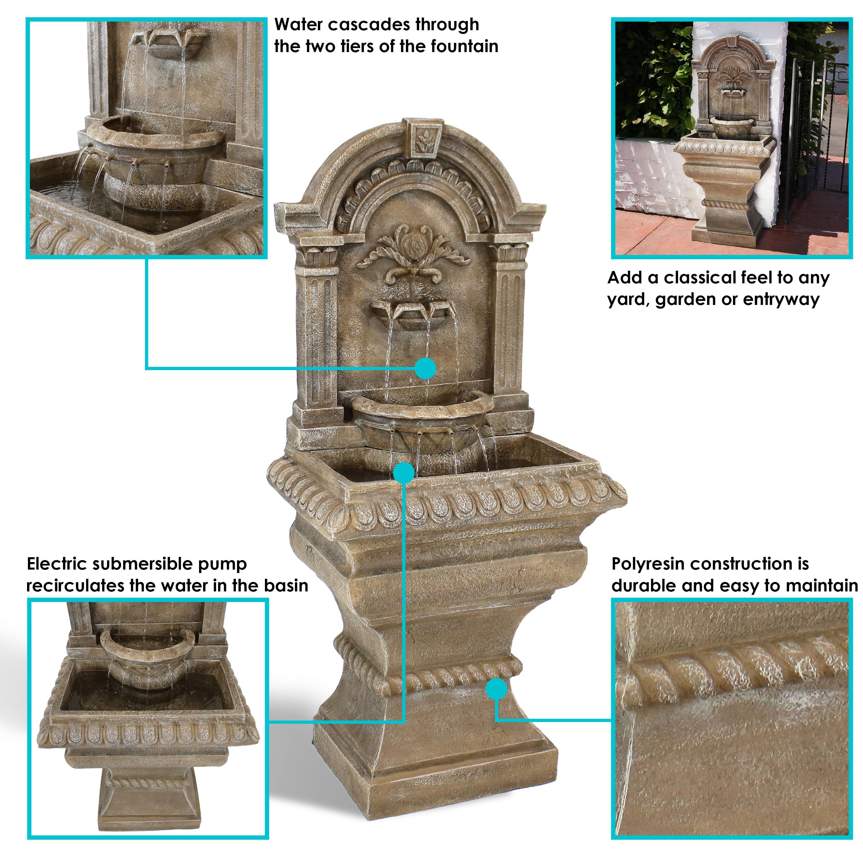 - Water cascades through the two tiers of the fountain
- Add a classical feel to any yard, garden, or entryway
- Electric submersible pump recirculates the water in the basin
- Polyresin construction is durable and easy to maintain