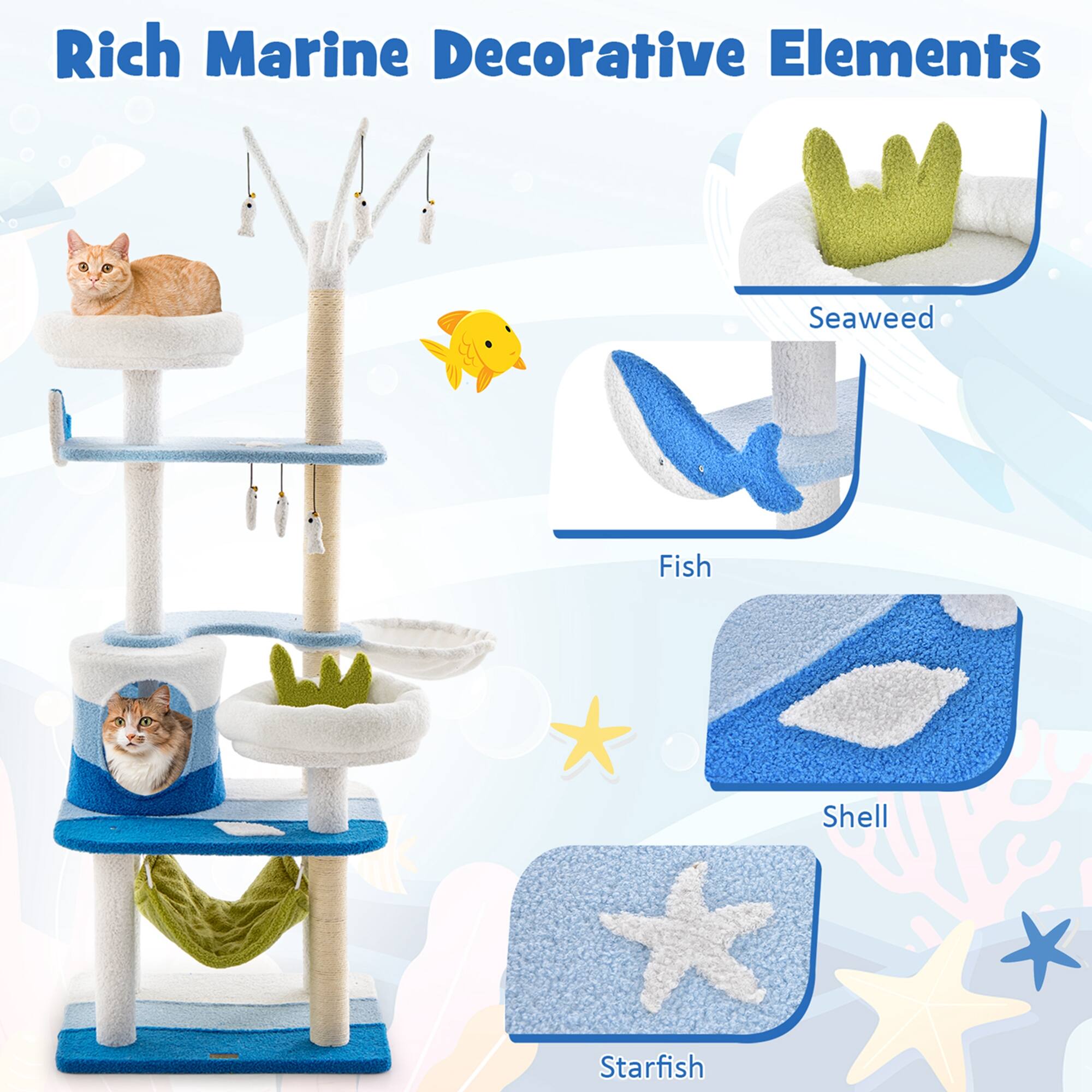 Rich Marine Decorative Elements: Seaweed, Fish, Shell, Starfish