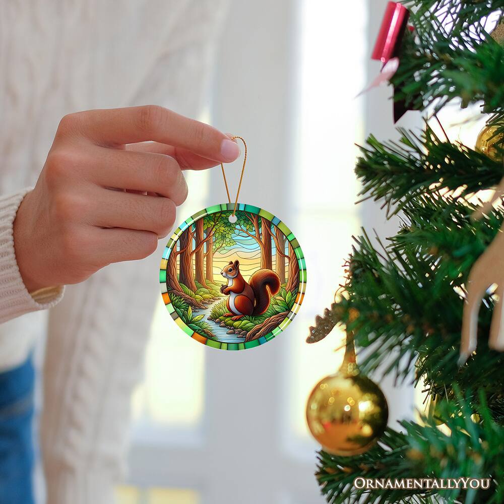 Alt View 1. OrnamentallyYou - Squirrel in the Forest Stained Glass Style Ceramic Ornament, Wildlife Animals Christmas Gift - Multi-colored.