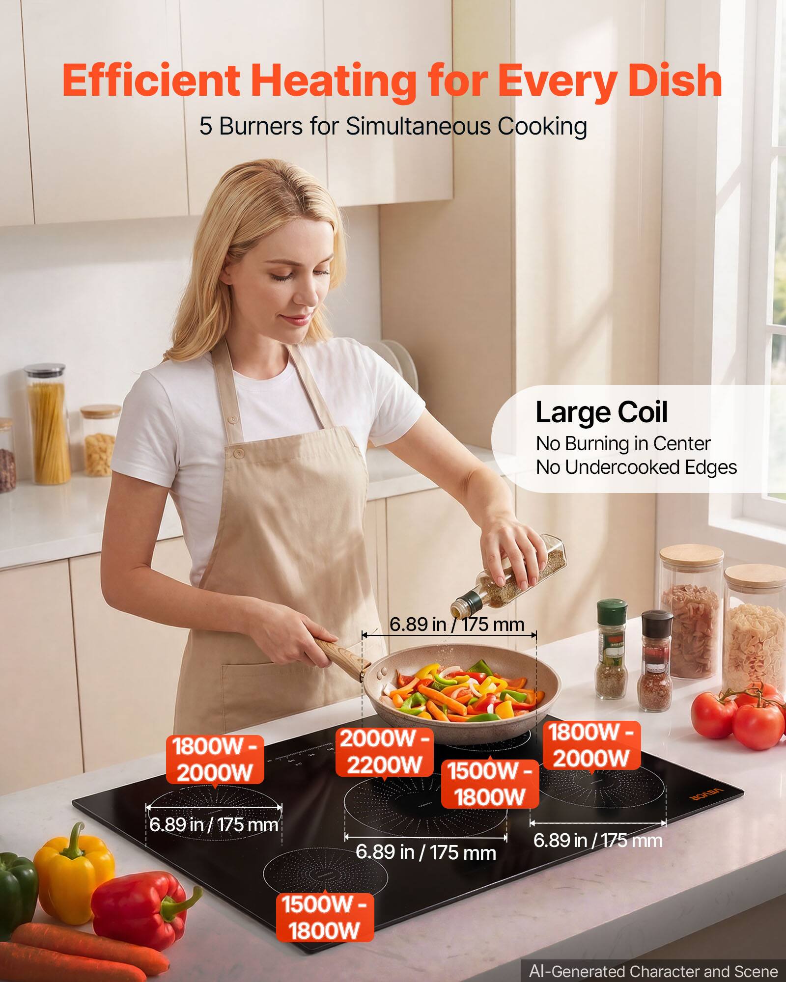 Efficient Heating for Every Dish  
5 Burners for Simultaneous Cooking  

Large Coil  
No Burning in Center  
No Undercooked Edges  

6.89 in / 175 mm  

1800W - 2000W  
2000W - 2200W  
1500W - 1800W  

AI-Generated Character and Scene