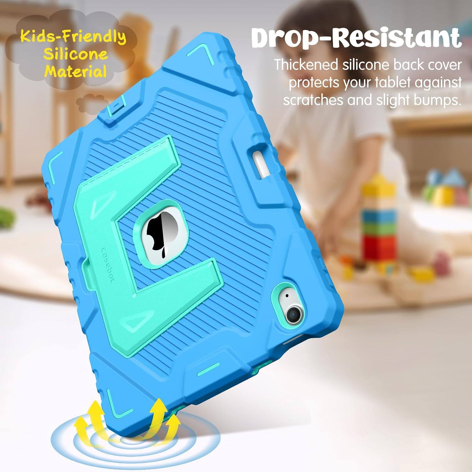 Kids-Friendly Silicone Material

Drop-Resistant
Thickened silicone back cover protects your tablet against scratches and slight bumps.