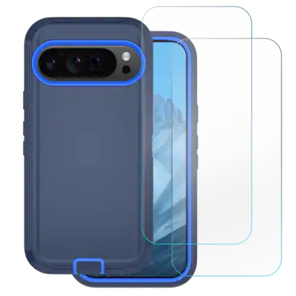 Front. Entronix - Entronix Heavy Duty Phone Case Bundle for Google Pixel 9 Pro XL with 2 Clear Screen Protectors - Blue.