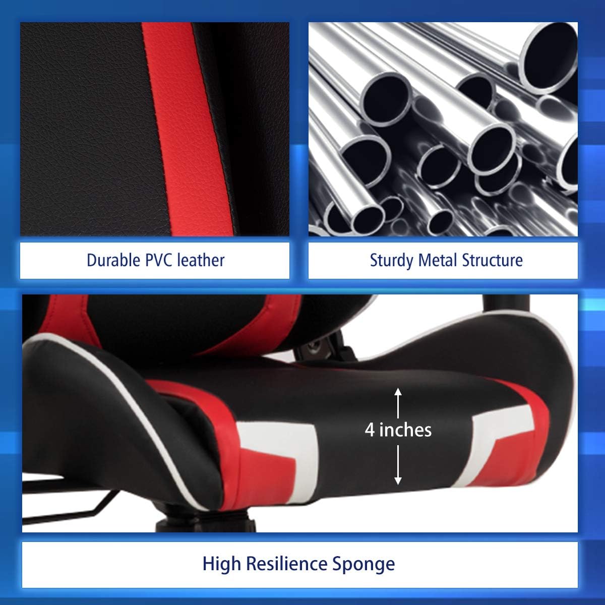 Durable PVC leather, Sturdy Metal Structure, 4 inches High Resilience Sponge.