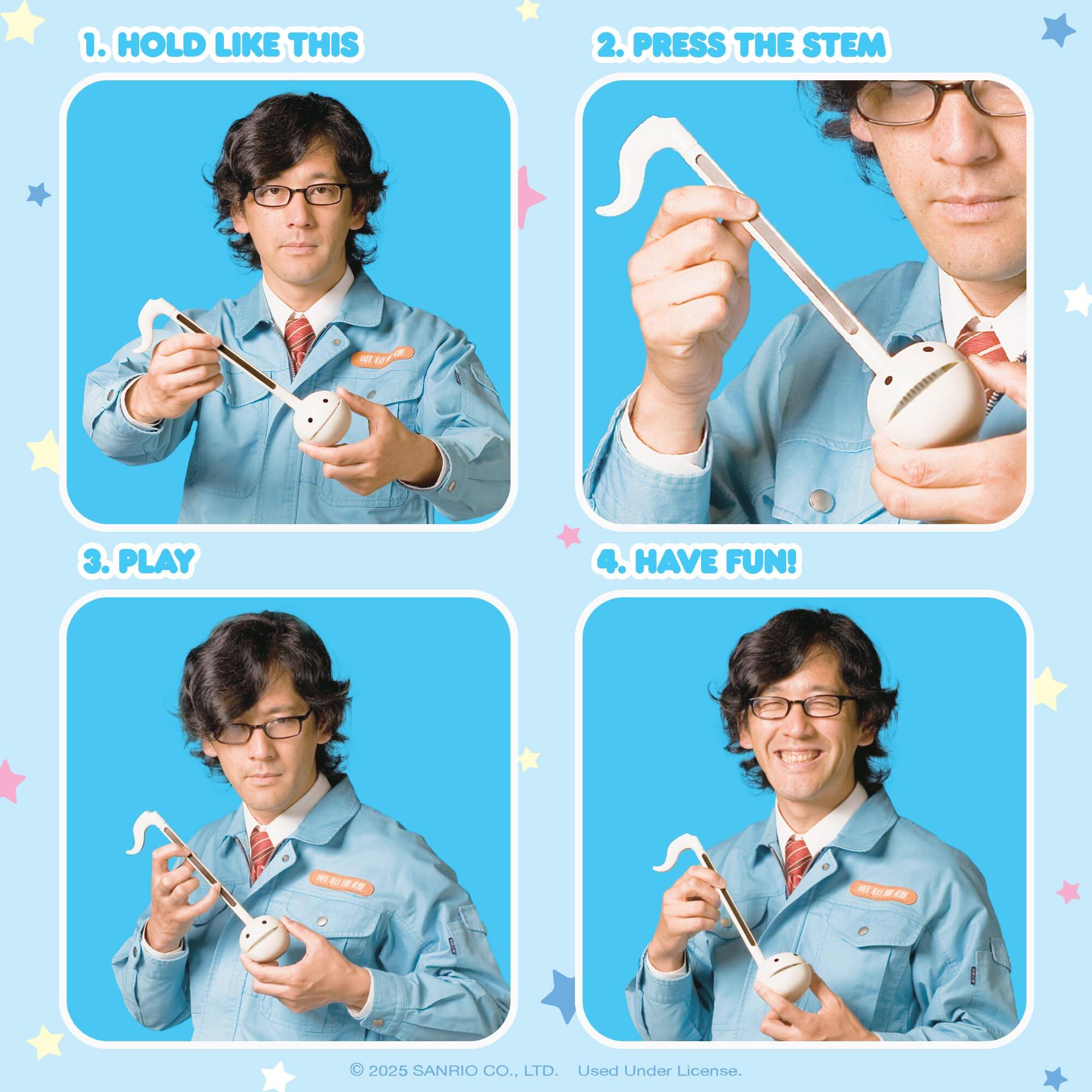 1. HOLD LIKE THIS  
2. PRESS THE STEM  
3. PLAY  
4. HAVE FUN!  

© 2025 SANRIO CO., LTD. Used Under License.