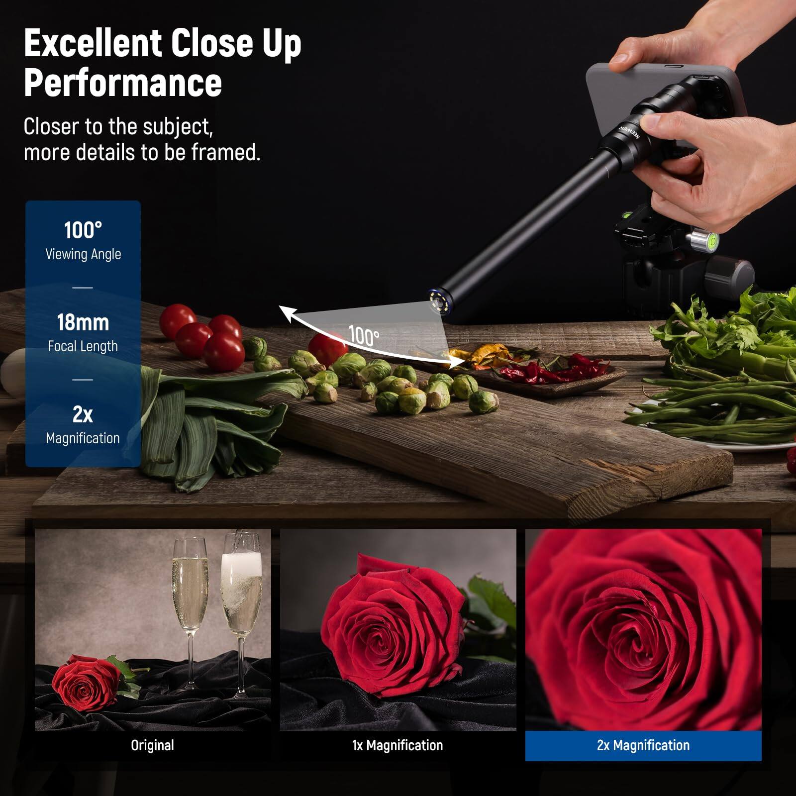 Excellent Close Up Performance  
Closer to the subject, more details to be framed.  

100° Viewing Angle  
18mm Focal Length  
2x Magnification  

Original  
1x Magnification  
2x Magnification