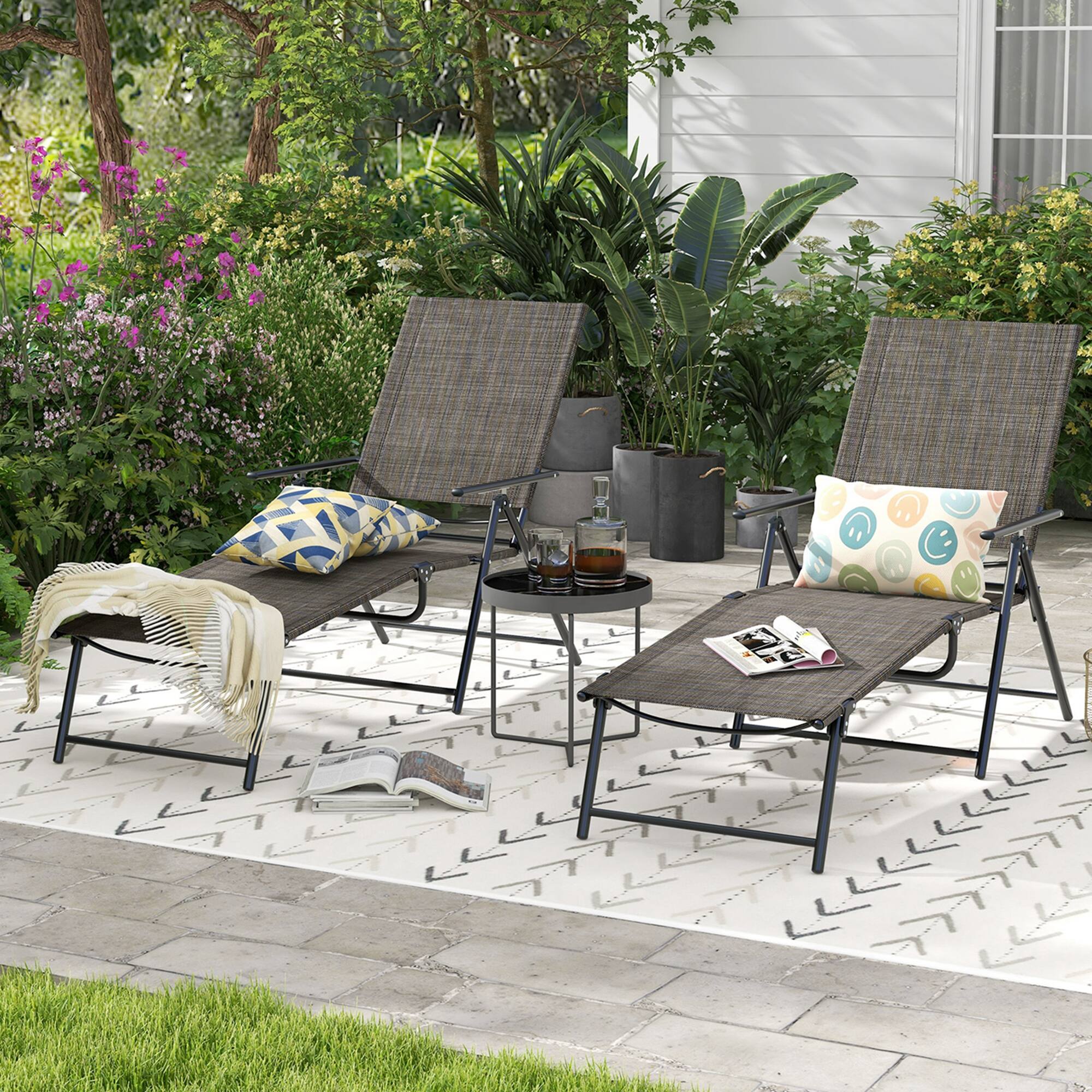 Back. Costway - 2 Piece Patio Folding Chaise Lounge Chairs with 6-Level Backrest Reclining Chairs - Tan.
