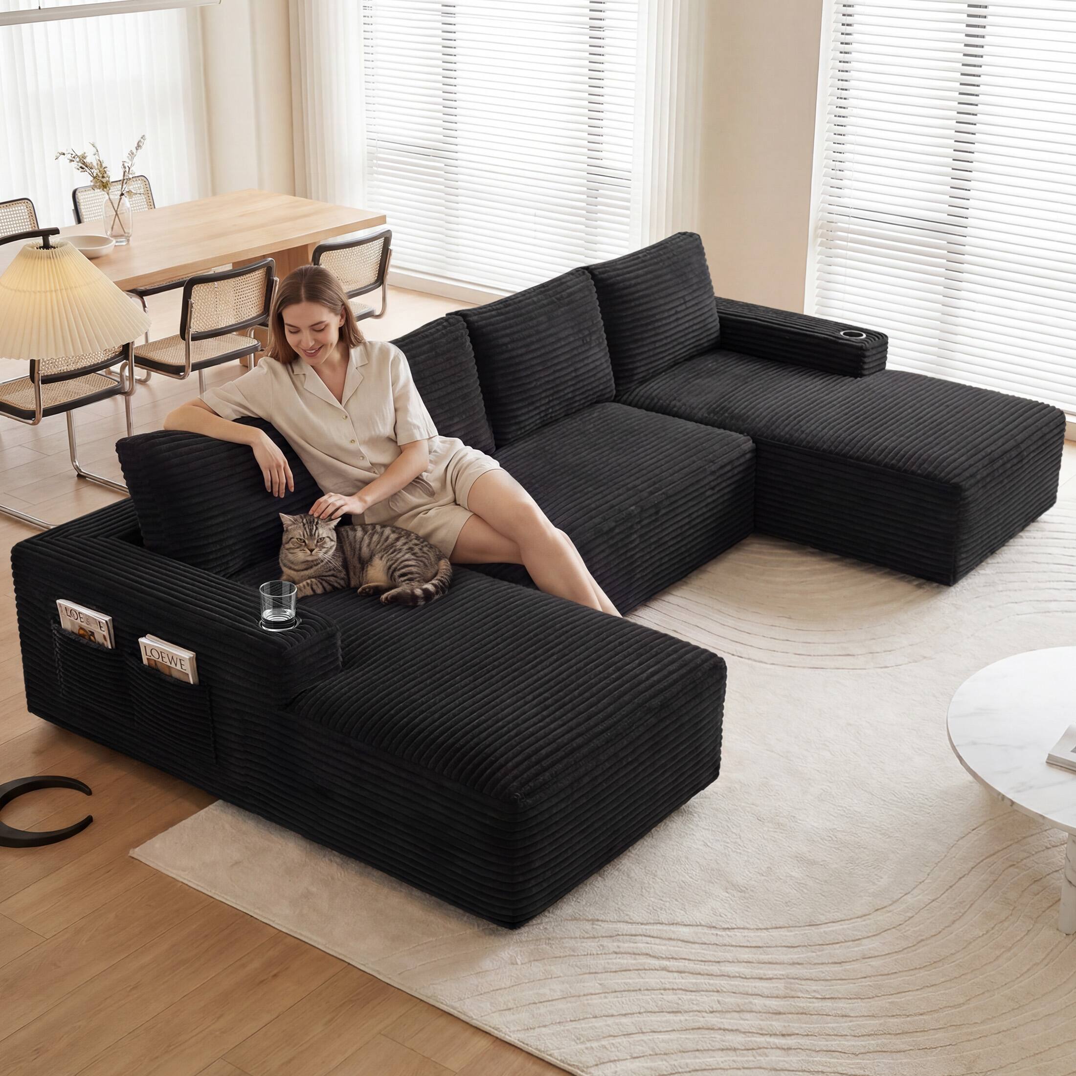Angle. Anysun - Compressible U-Shaped Sectional Sofa Set – Minimalist Style Modular Sofa, Corduroy Fabric Cloud Couch for Living Room - Black.