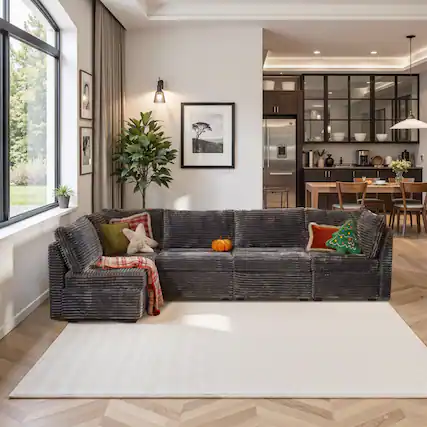 Front. Ovios - 130.7" Modular Sectional Sofa, 5 Seat Plush Corduroy L Shaped Couch - Grey.