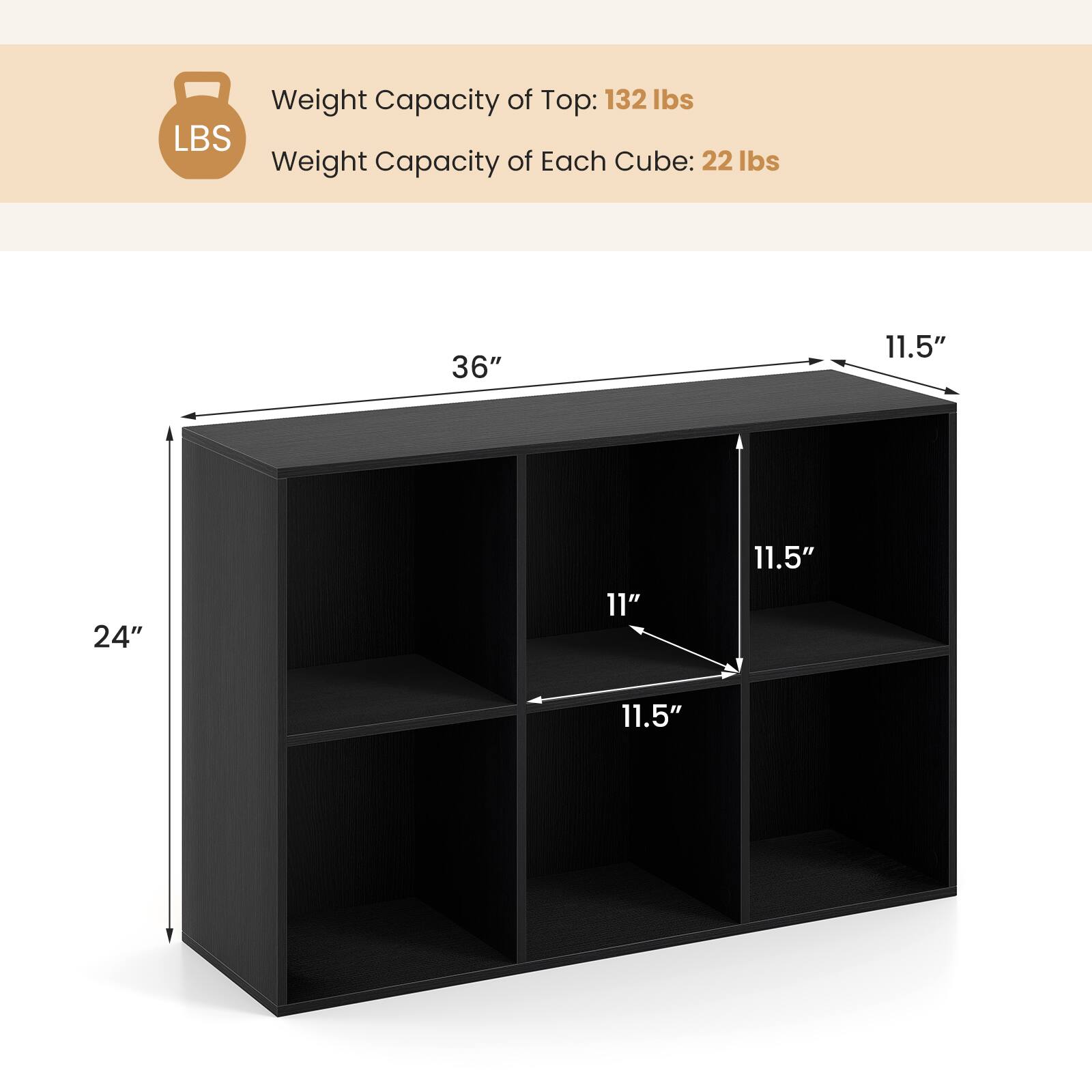 Weight Capacity of Top: 132 lbs  
Weight Capacity of Each Cube: 22 lbs  

Dimensions:  
- Height: 24"  
- Width: 36"  
- Depth: 11.5"  
- Shelf Depth: 11"  
- Shelf Height: 11.5"