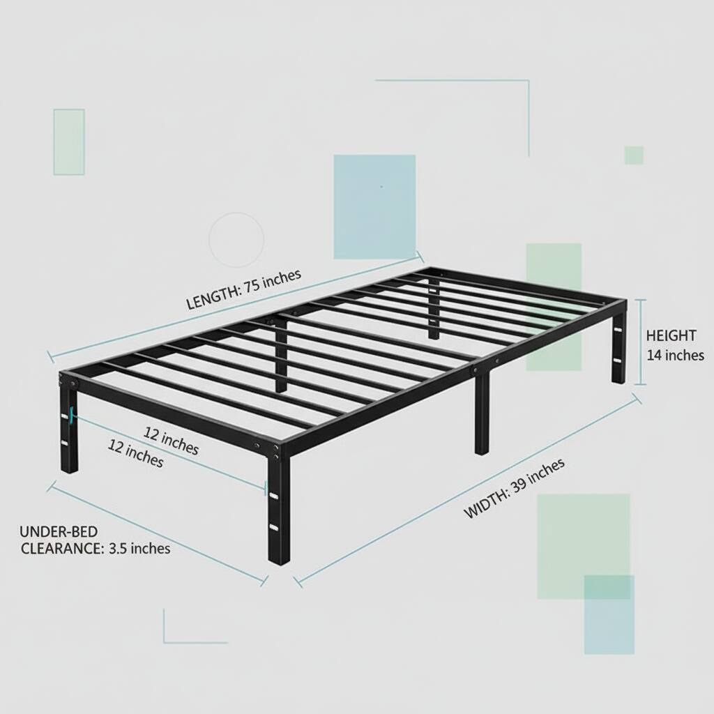 LENGTH: 75 inches  
HEIGHT: 14 inches  
WIDTH: 39 inches  
UNDER-BED CLEARANCE: 3.5 inches  
12 inches  
12 inches