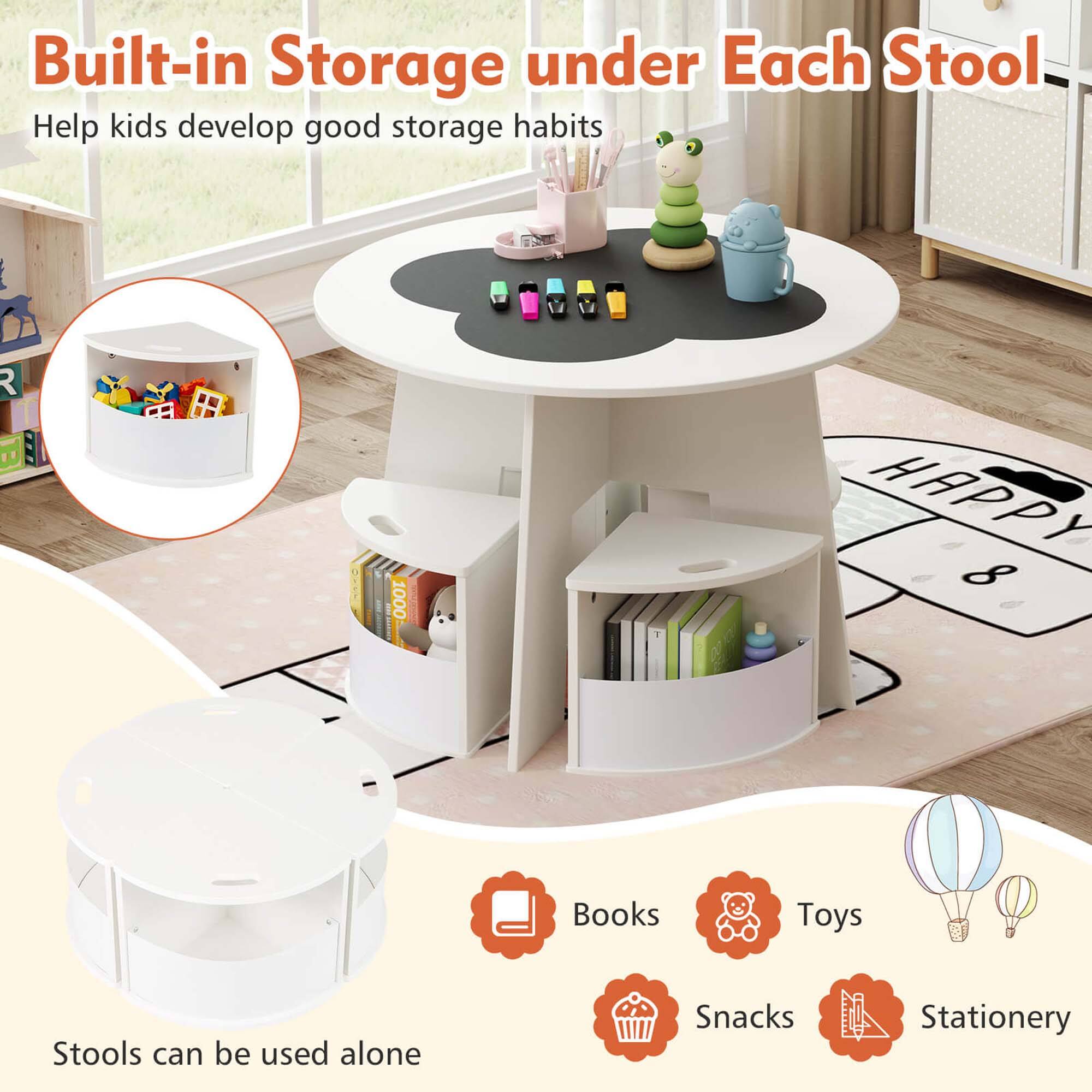 Built-in Storage under Each Stool  
Help kids develop good storage habits  

Books  
Toys  
Snacks  
Stationery  

Stools can be used alone