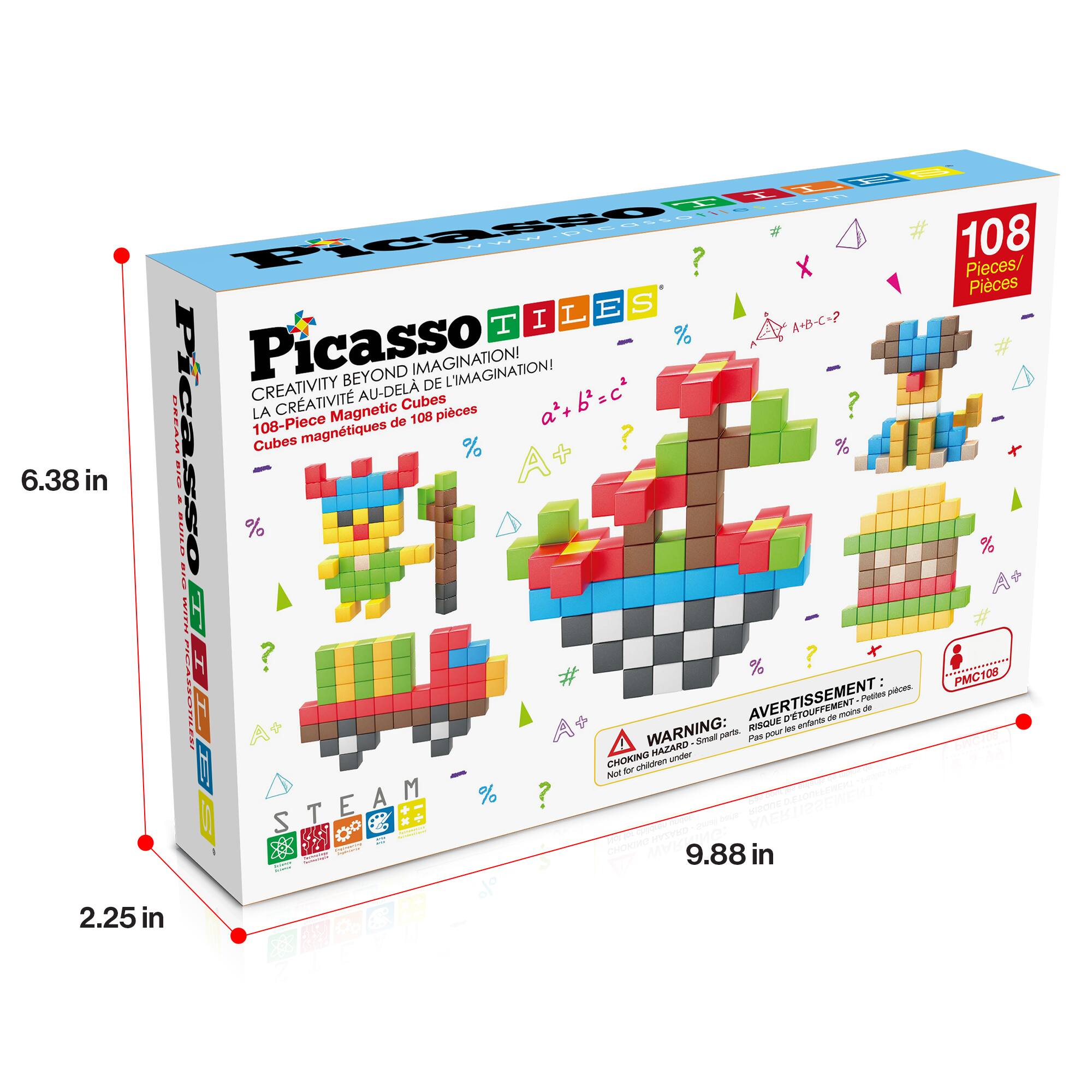 Picasso 108 Pieces  
Creativity Beyond Imagination!  
108-Piece Magnetic Cubes  
Cubes magnétiques de 108 pièces  
6.38 in x 9.88 in x 2.25 in  

Warning: Choking Hazard - Small parts. Not for children under 3 years.  
Avertissement: Risque d'étouffement - Petites pièces. Pas pour les enfants de moins de 3 ans.  

STEAM  
PMC108
