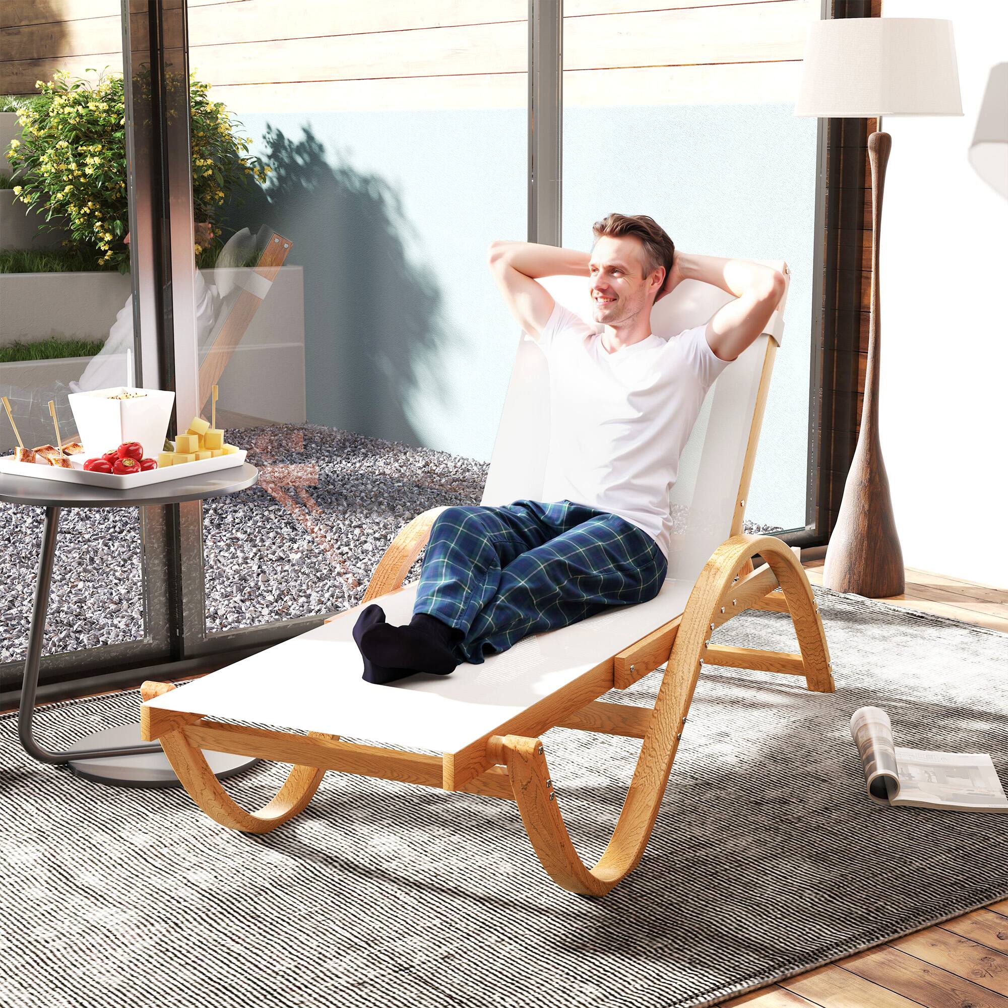 Alt View 7. Outsunny - Larch Wood Lounge Chair, 4-Level Adjustable Tanning Chair, Full Flat Patio Lounger with Mesh Seat - Cream White.