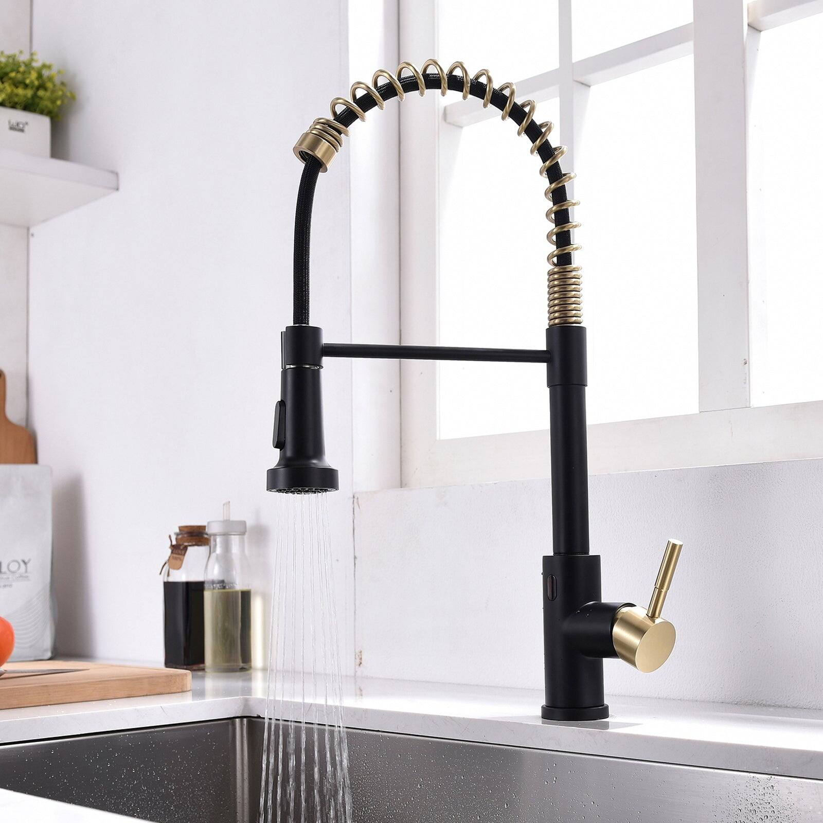 Alt View 4. Boyel Living - Matte Black and Brushed Gold Single Handle Touchless Sensor Gooseneck Pull Down Sprayer Kitchen Faucet - Matte Black and Brushed Gold.