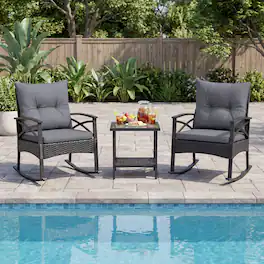 Gymax - 3 Pieces Rattan Rocking Bistro Set w/Tempered Glass Tabletop & Cushions for Porch Mix Black - Gray