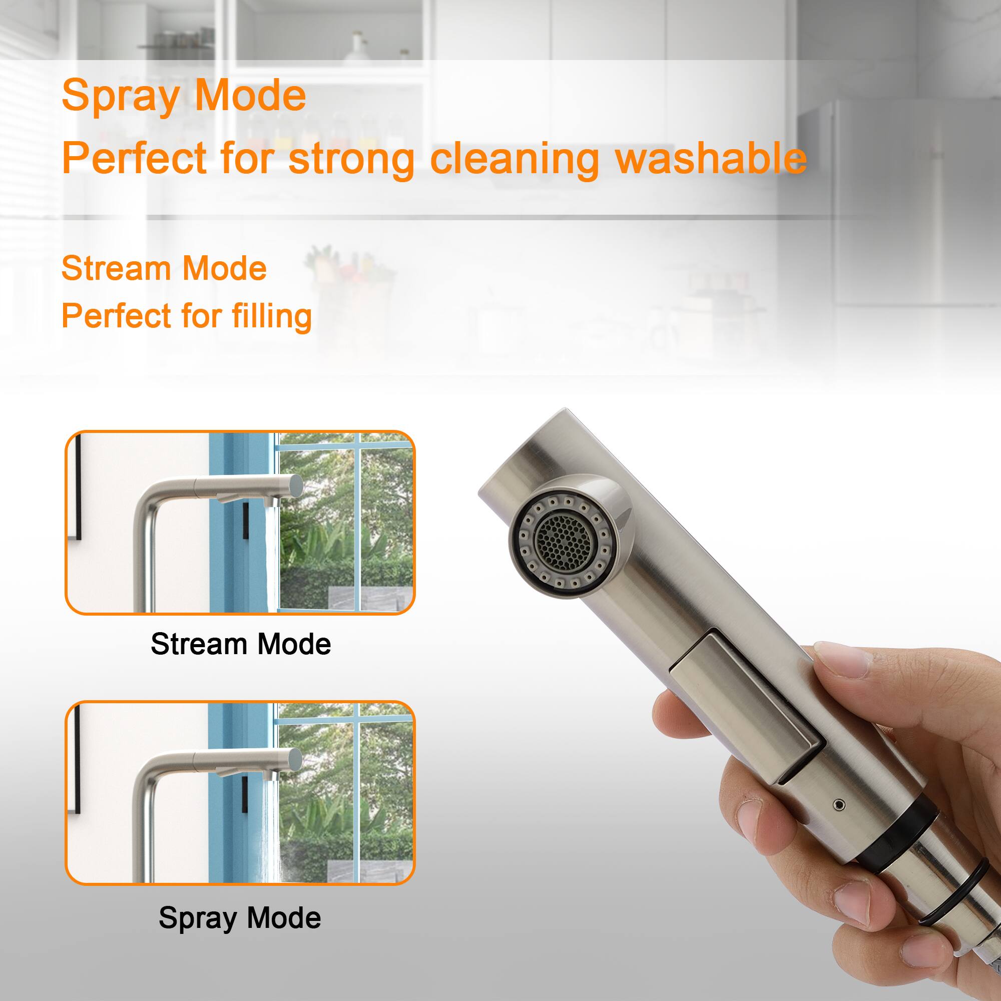 Spray Mode  
Perfect for strong cleaning washable  

Stream Mode  
Perfect for filling  

Stream Mode  

Spray Mode