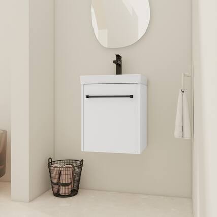 Front. ELEMENT ACE - 18-Inch Floating Bathroom Vanity with Ceramic Sink and Soft-Close Cabinet Door for Compact Spaces - Glossy White.
