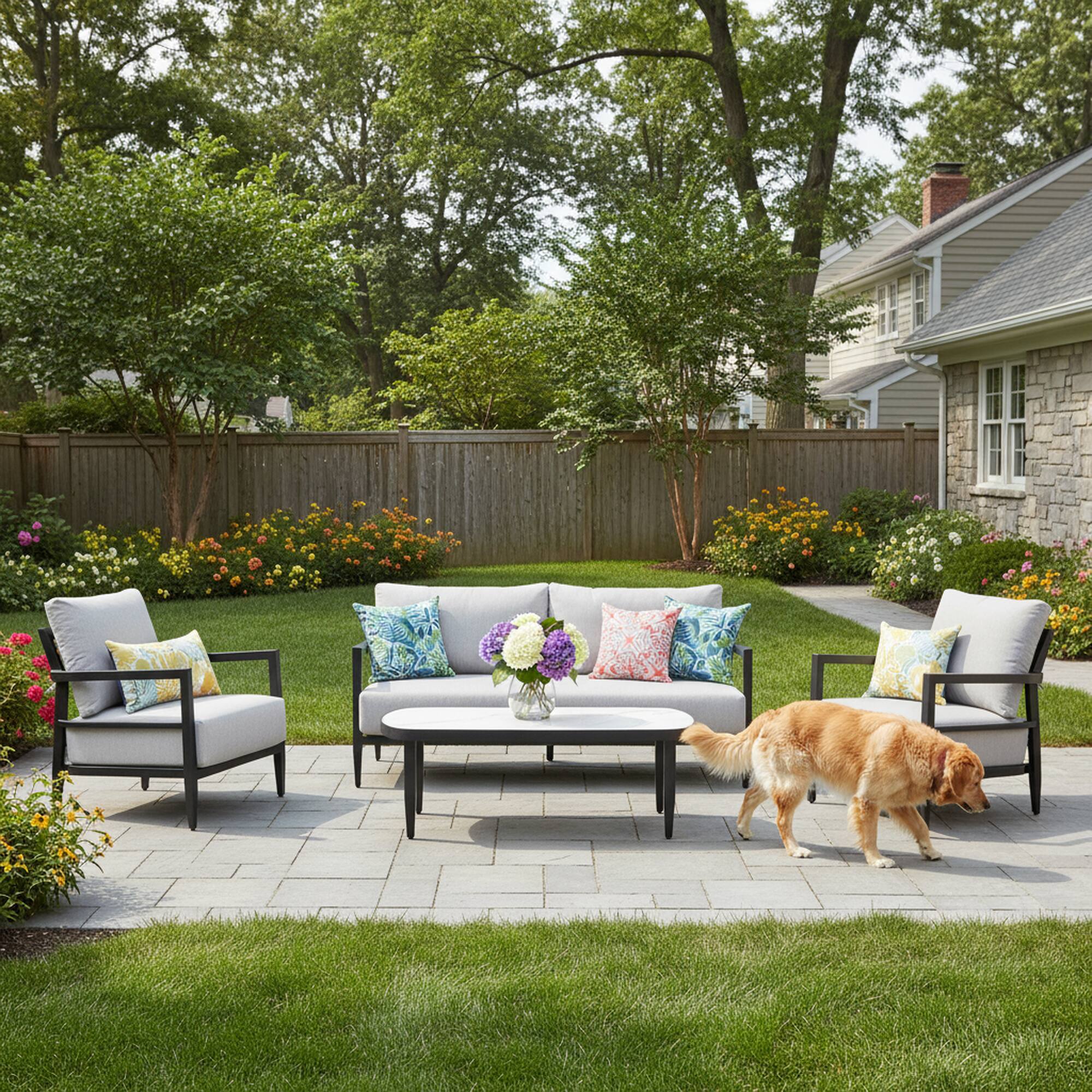 Left. Mondawe - 4-Piece Outdoor Conversation Set with Fully Weld Club Chairs, Bench Sofa, Marble-Inspired Table and Sunbrella Cushions - Ember Black+Grey.