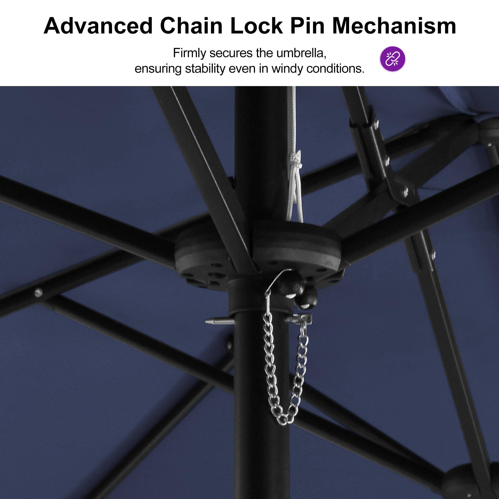 Advanced Chain Lock Pin Mechanism  
Firmly secures the umbrella, ensuring stability even in windy conditions.
