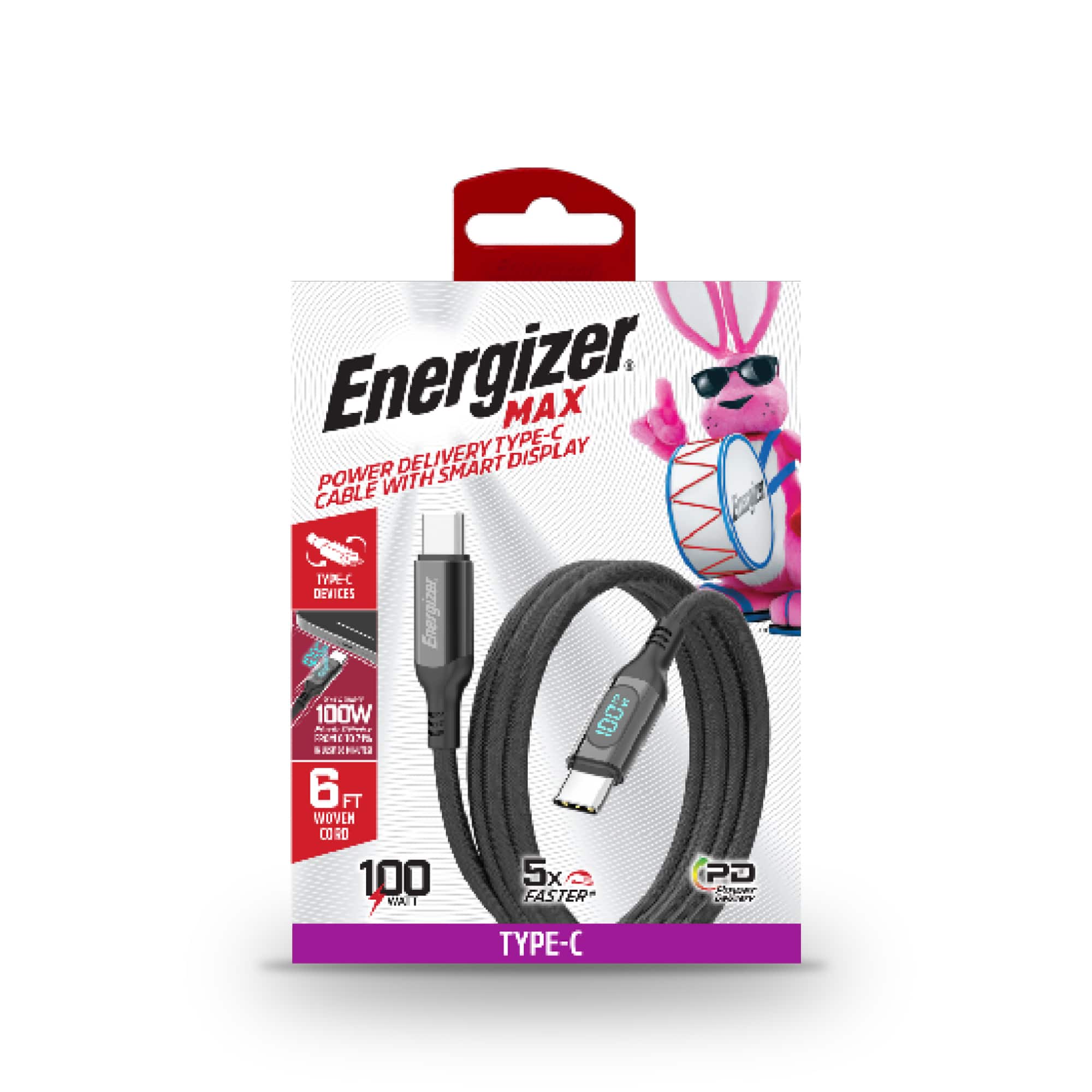 Energizer - MAX 100W USB-C to USB-C Cable with LED Display, 6FT Braided Fast Charging Cord - Black