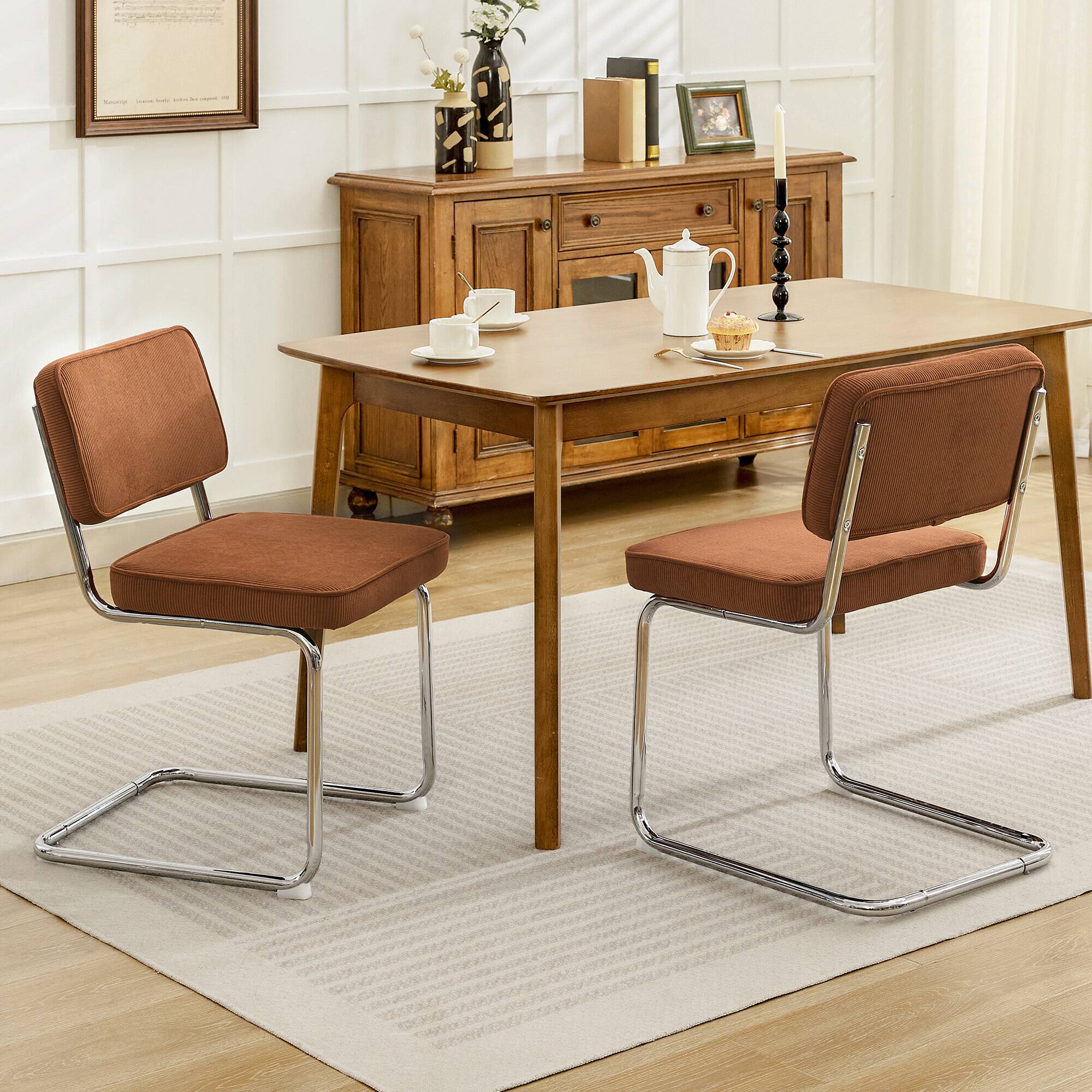 Alt View 2. KERDOM - Mid Century Modern Dining Chairs Set of 2, Velvet Fabric Vintage Kitchen Side Chairs 2pc Cantilever Armless Accent Chair - Brown.