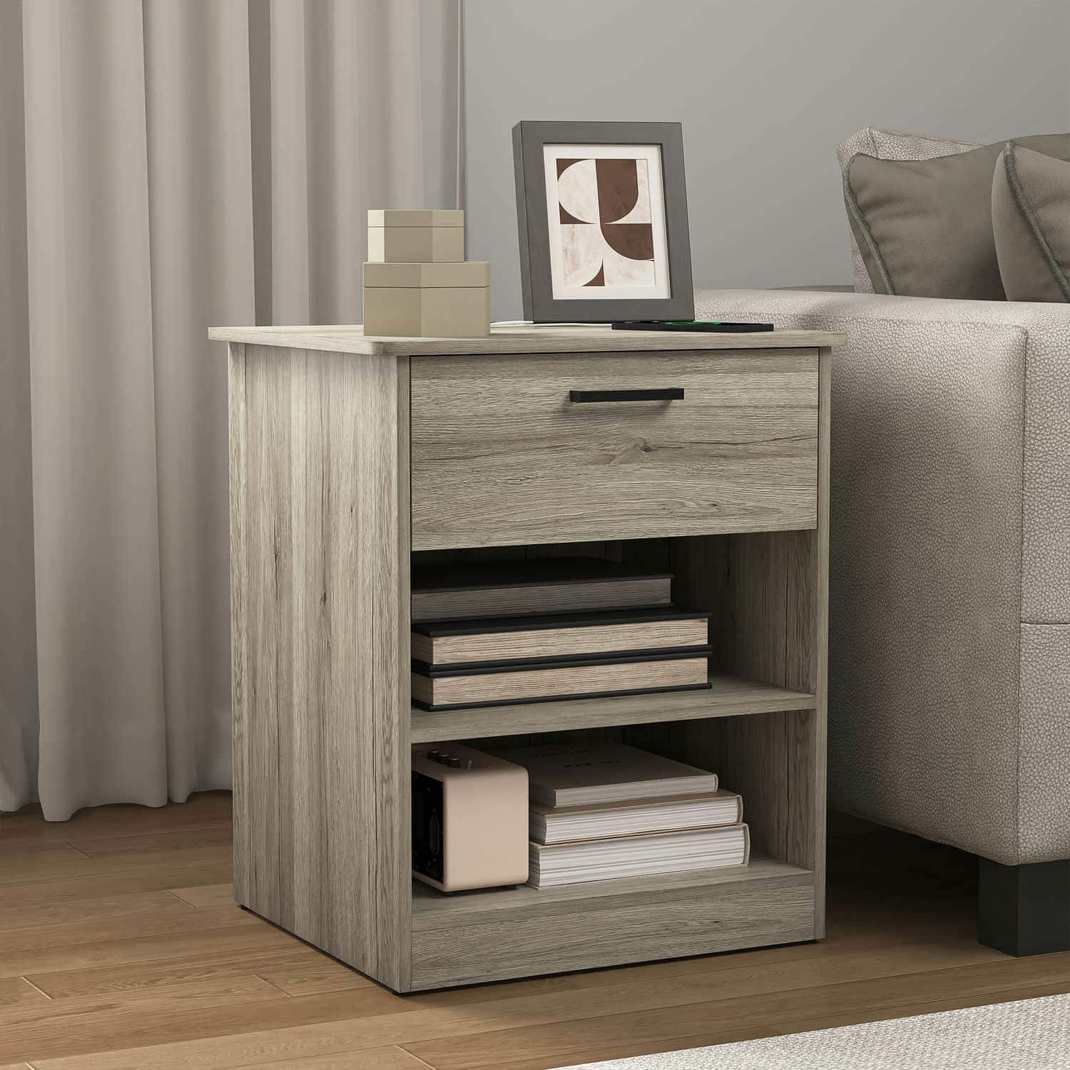 Kadyn - Wood Nightstand With Charging Station, Bedside Table With Wood Drawers And Open Shelf, Bedroom - Gray