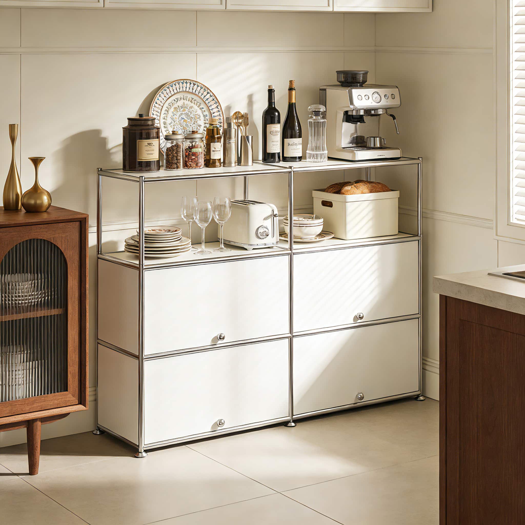 Malletson - Storage Cabinet with Double Drawers and Metal Frame, Multi-Purpose Home Organizer for Entryway, Living Room or Bedroom - White