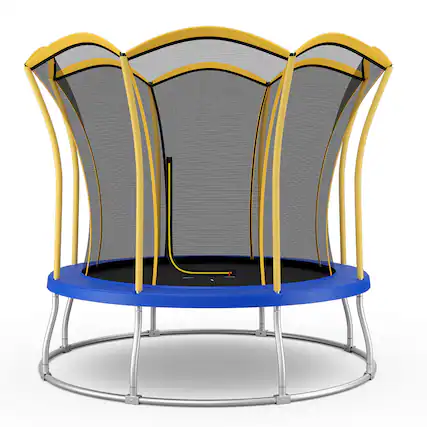 Front. Gymax - Gymax 10FT Certified Recreation Trampoline w/ Exclusive Flower Shape Enclosure Net Yellow - Yellow+Blue.