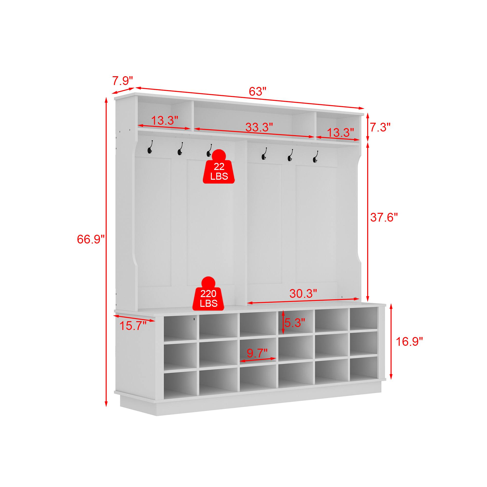 7.9"  
63"  
13.3"  
33.3"  
13.3"  
7.3"  
22 LBS  
37.6"  
66.9"  
220 LBS  
30.3"  
15.7"  
9.7"  
5.3"  
16.9"