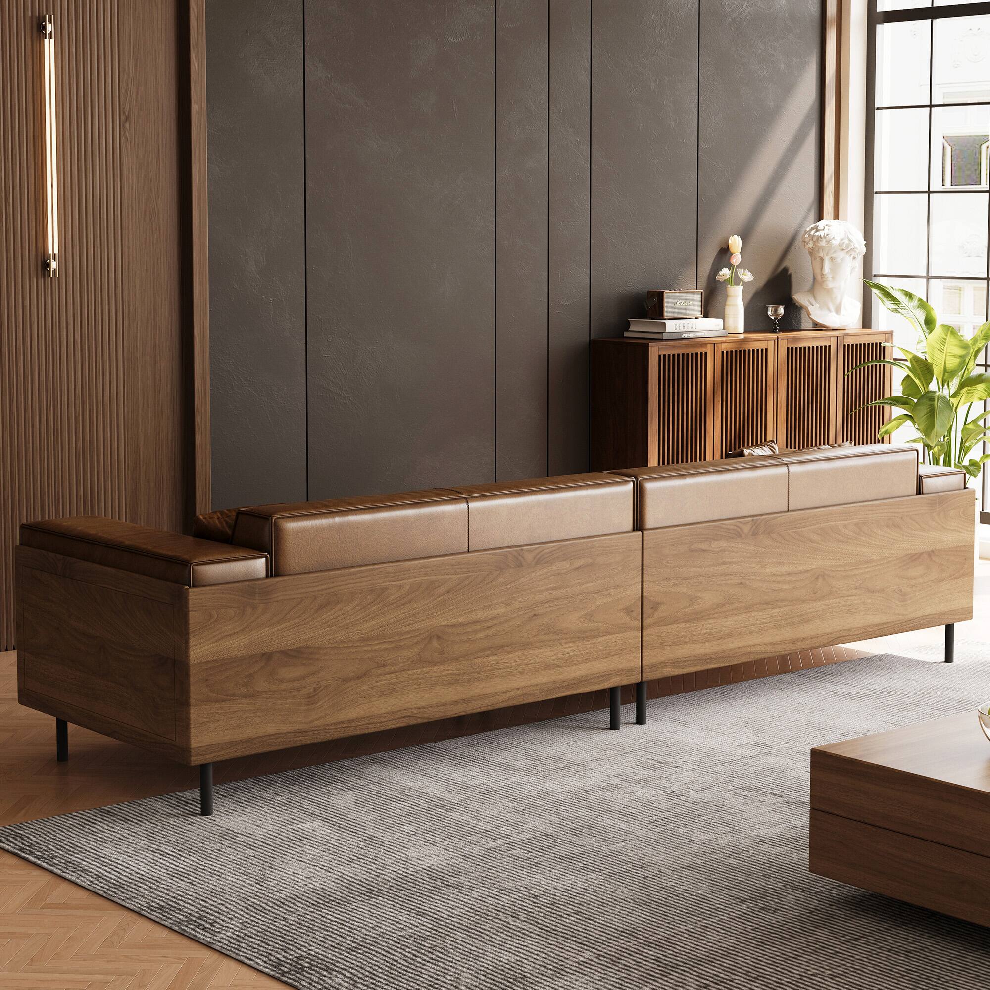 Alt View 4. luck idea - Mid-century Modern Leather Sofa With Wooden Accents, 4-seater Living Room Couch With 3 Throw Pillows - Brown.