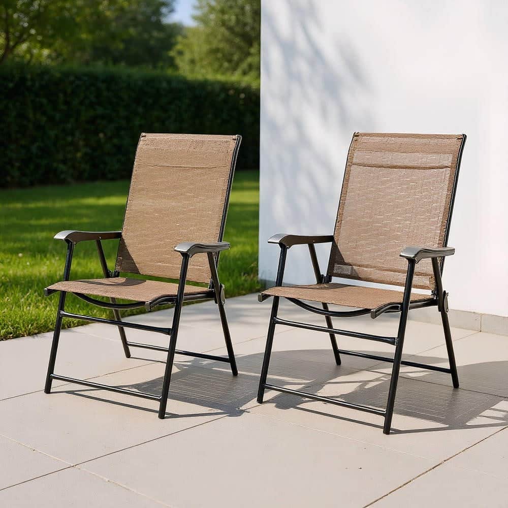 Kadyn - 2 Pieces Outdoor Patio Folding Chair with Armrest for Camping Garden, Outdoor Dining Chair for Outside Patio-Black - Brown