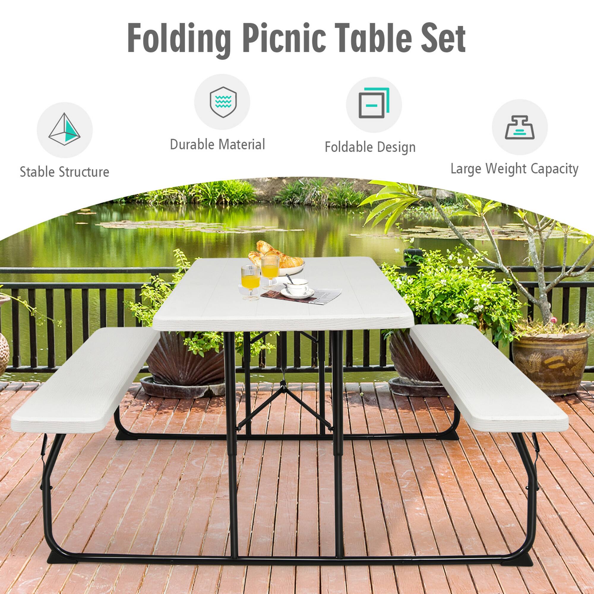 Folding Picnic Table Set

- Stable Structure
- Durable Material
- Foldable Design
- Large Weight Capacity