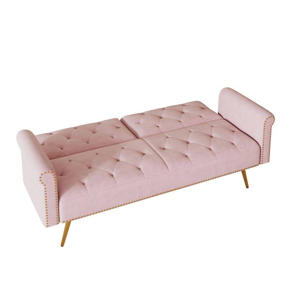 Back. Kadyn - 69.7" Velvet Sofa Bed with Nail Head Trim & Matching Throw Pillow - Pink.