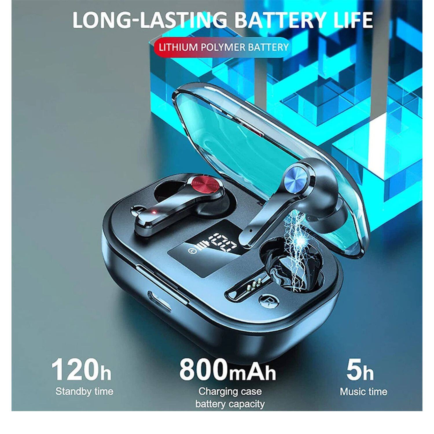 LONG-LASTING BATTERY LIFE  
LITHIUM POLYMER BATTERY  

120h  
Standby time  

800mAh  
Charging case battery capacity  

5h  
Music time