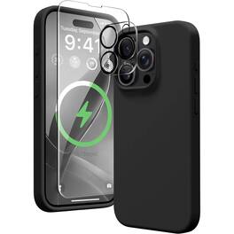 Bundle - Entronix - for iPhone 15 Pro Max - Silicone Case, Screen Protector & Camera Lens Protector - Black