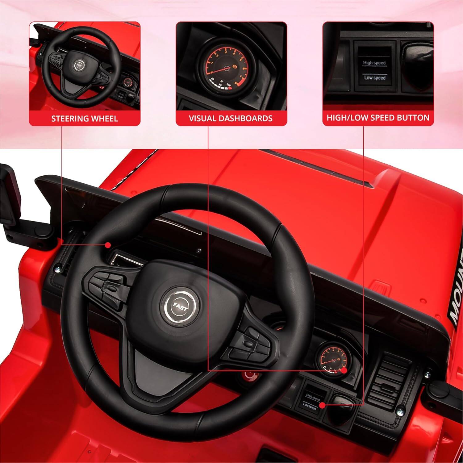 - High speed
- Low speed
- STEERING WHEEL
- VISUAL DASHBOARDS
- HIGH/LOW SPEED BUTTON
- FAST MOUNT