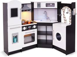 Lil' Jumbl - Corner Kids Kitchen Playset, Pretend Kids Wooden Kitchen with Stovetop, Faucet & More - Black