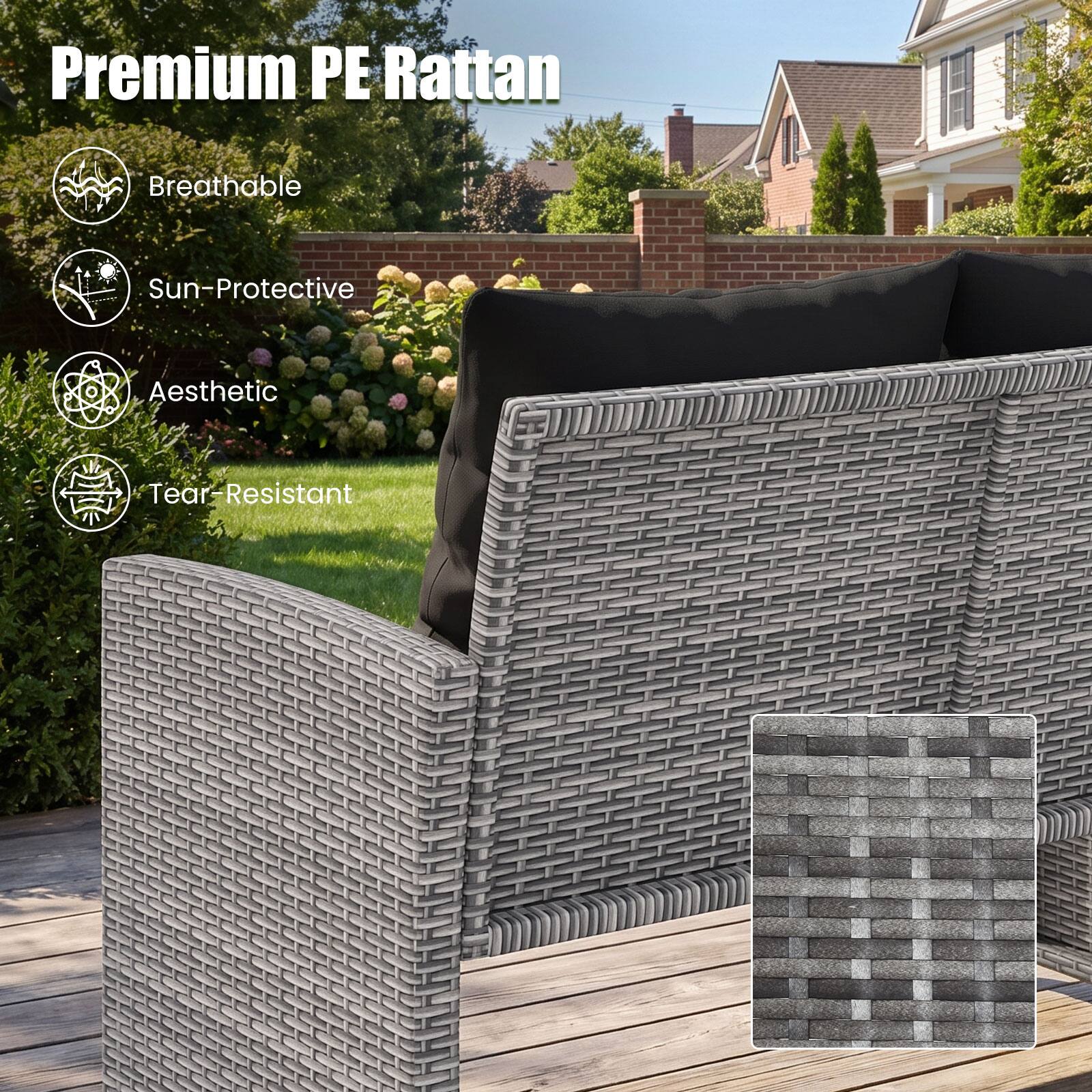 Premium PE Rattan

- Breathable
- Sun-Protective
- Aesthetic
- Tear-Resistant