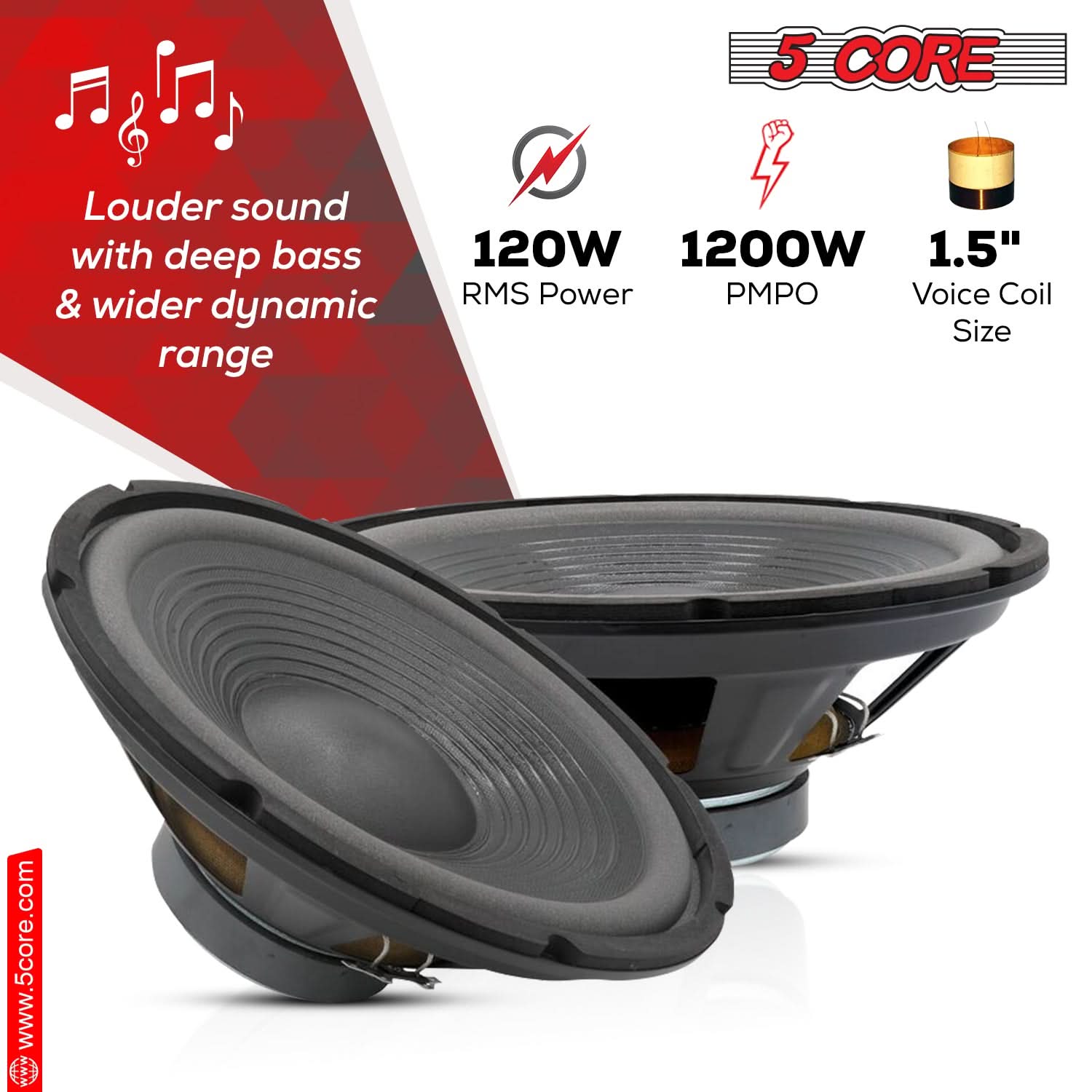 5 CORE

Louder sound with deep bass & wider dynamic range

120W RMS Power

1200W PMPO

1.5" Voice Coil Size

www.5core.com