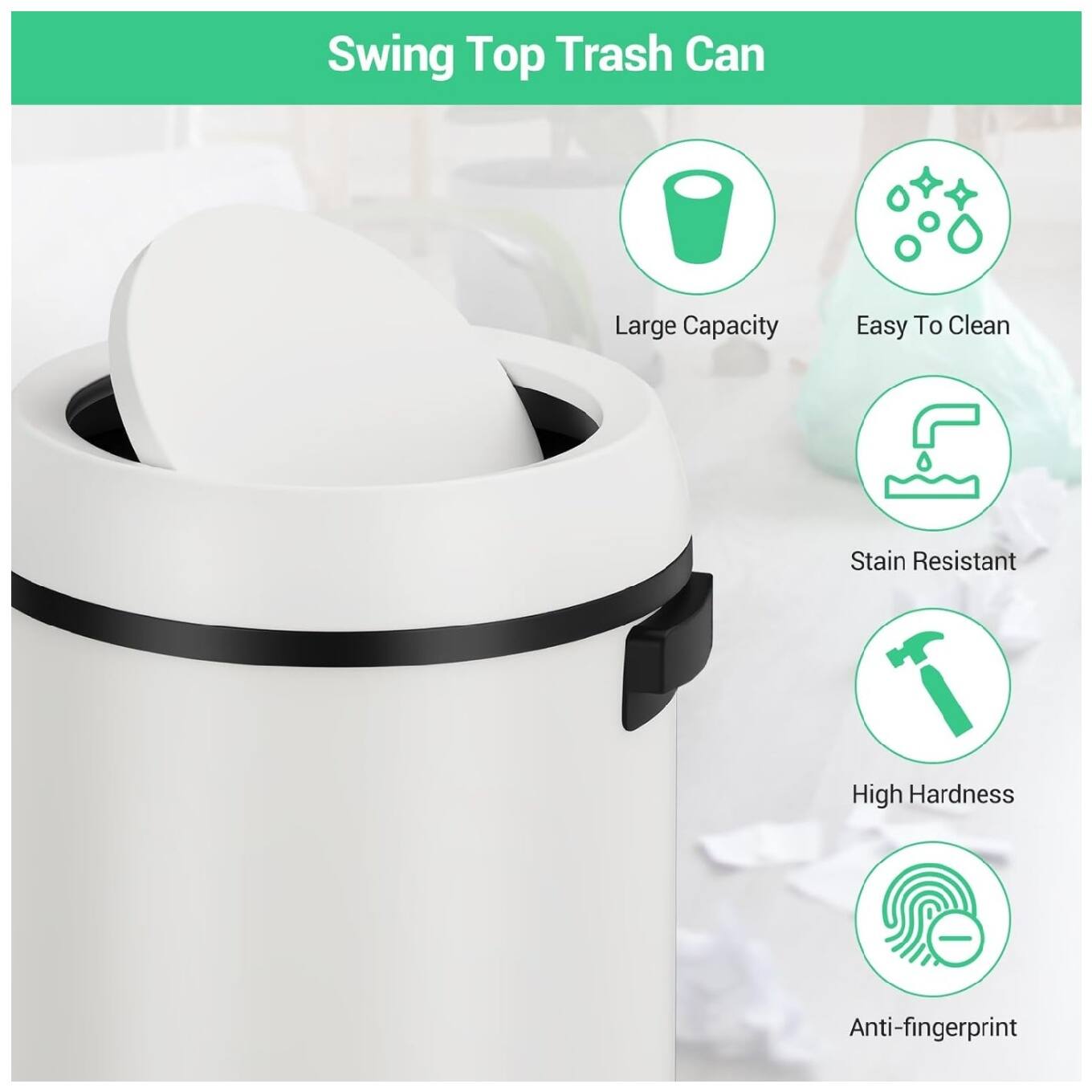 Swing Top Trash Can

- Large Capacity
- Easy To Clean
- Stain Resistant
- High Hardness
- Anti-fingerprint