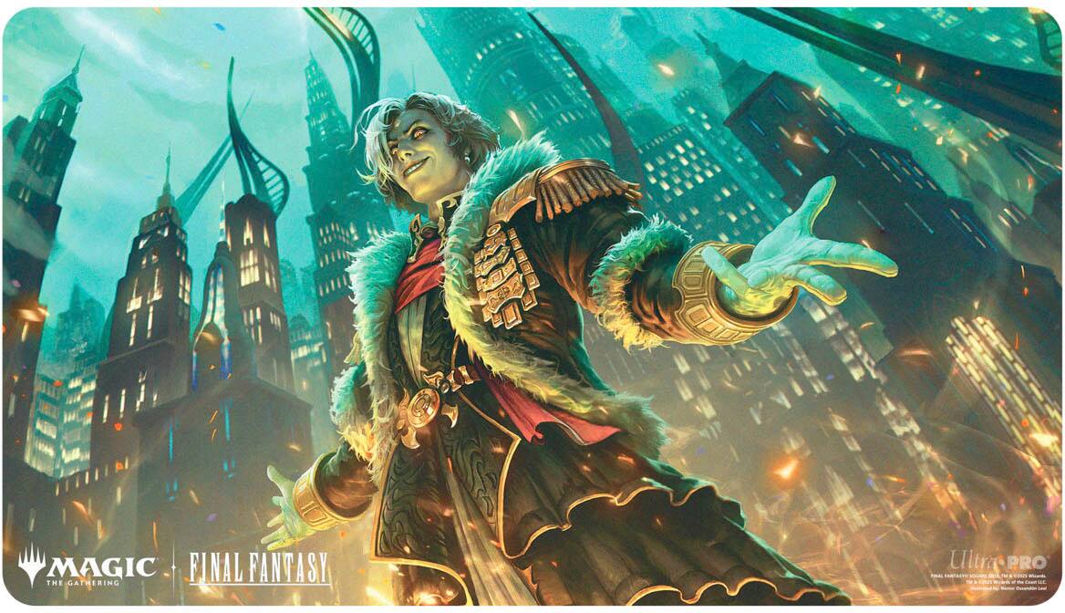 Magic: The Gathering is a trading card game that is part of the Final Fantasy series. The game is produced by Ultra Pro and features a variety of characters, such as the man in the image who is wearing a jacket and holding out his hand. The image also includes a cityscape in the background, adding to the overall fantasy theme of the game.