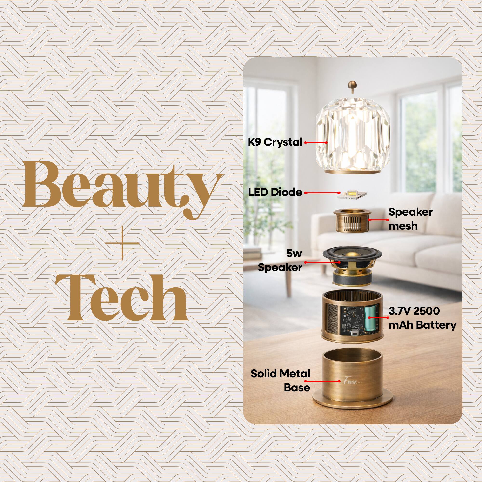 K9 Crystal Beauty LED Diode 5w Speaker Tech

- Speaker mesh
- 3.7V 2500 mAh Battery
- Solid Metal Base
- Fuse